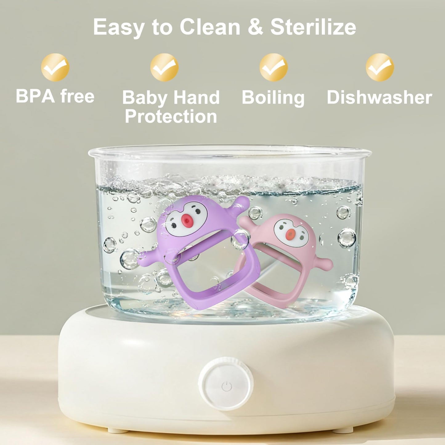 Smily Mia 2pack Penguin Teether for Babies 0-6Month, Infant Teething Toys,Pacifiers for Breastfed Babies, Silicone Teething Mittens for 3-6Months, Perfect Shower Gift+Baby Registry, Pink&Purple