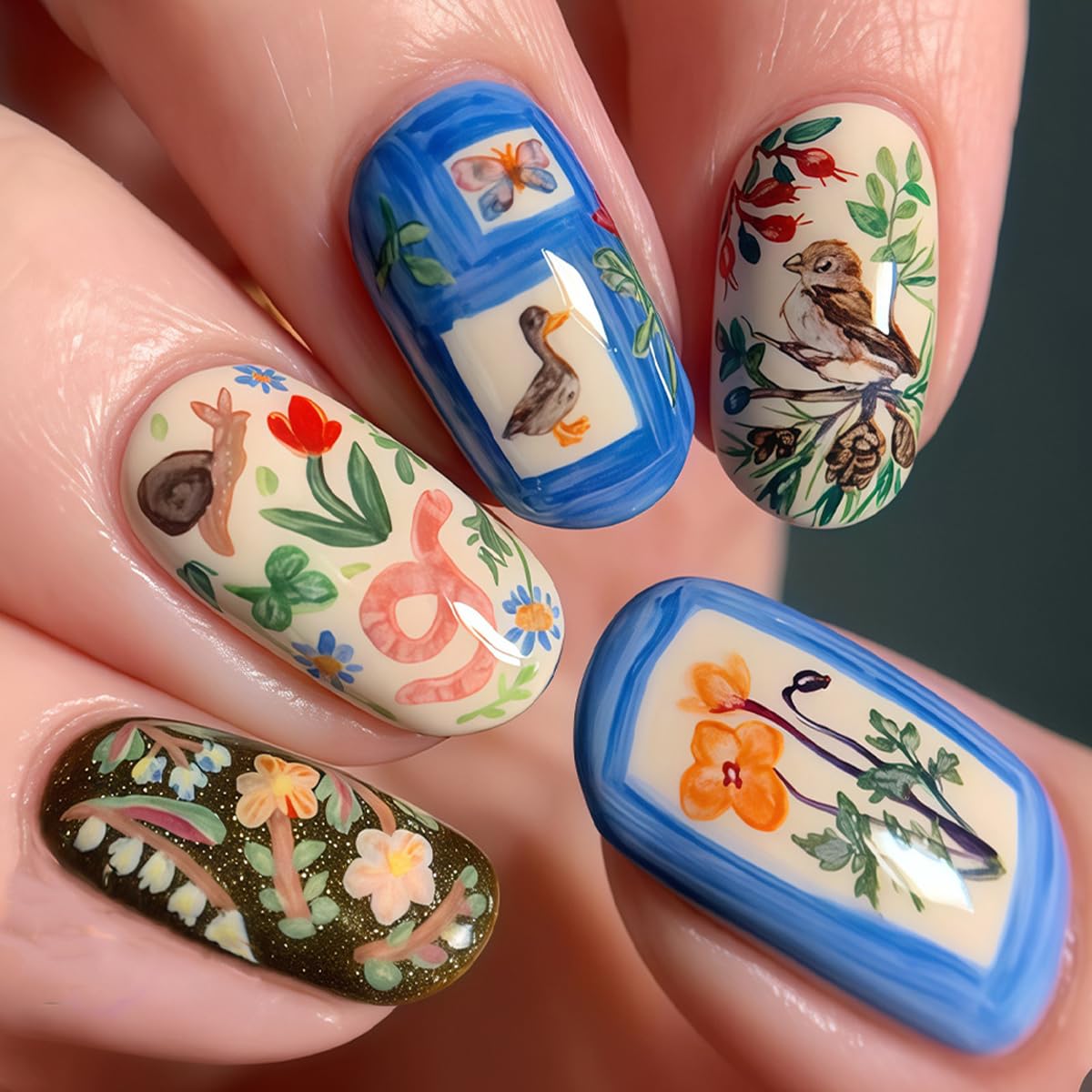 Spring Short Press on Nails Oval - Animal with Flower Design, Oil Painting Style Full Cover Glossy Fake Nails 24PCS for Women Manicure