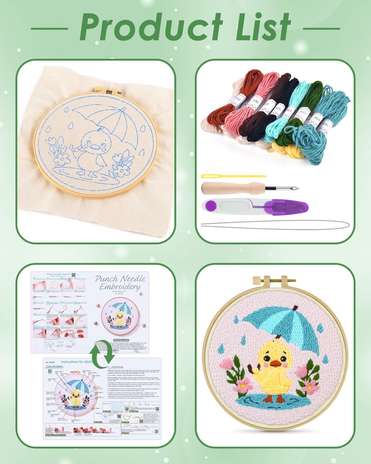 ERKOON Punch Needle Kit for Beginners Adults, DIY Easy Animal Embroidery Set for Starter Art Craft, Needling Punch Project with Patterns, Tools, Yarns, Hoop, Instruction (Duck)