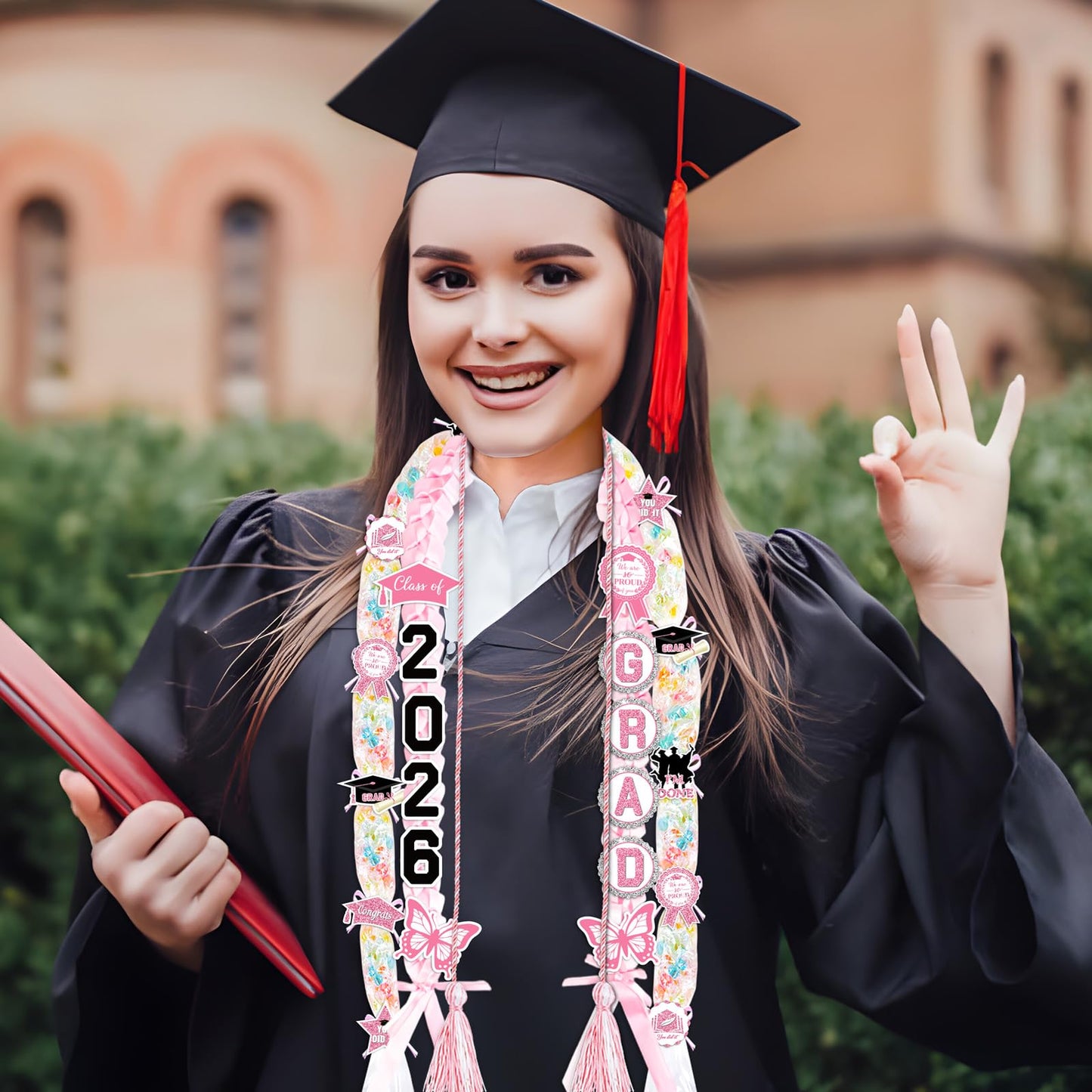 80UncleKimby Pink and White Graduation Decorations 2026 DIY Candy Leis Making Kit, Hawaiian Congrats Grad Lei Necklaces Party Supplies(Assembly Needed)