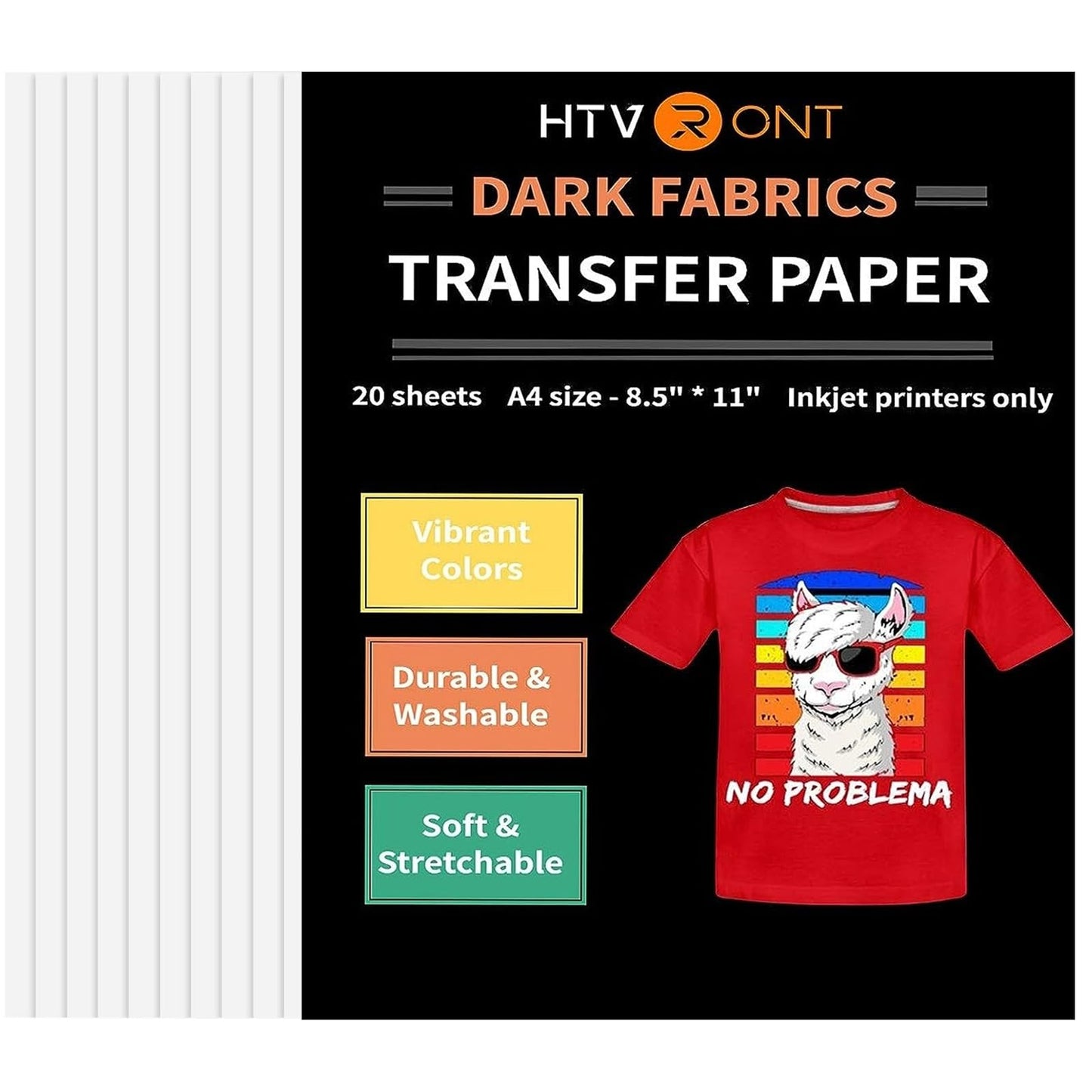 HTVRONT Heat Transfer Paper for T Shirts 20 Sheets, 8.5" X 11" Printable Heat Transfer Vinyl, Vivid Color & Durable Iron on Transfer Paper for Dark Fabric