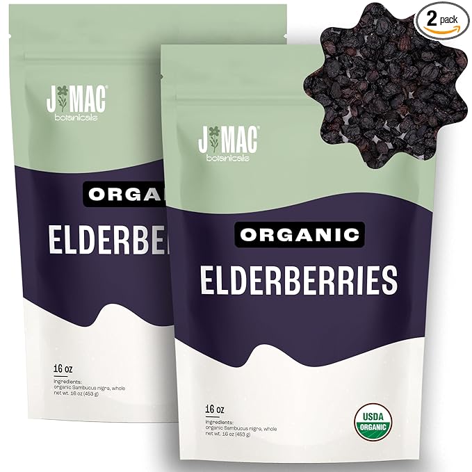 J MAC BOTANICALS Certified USDA - 100% Organic Dried Elderberries - 2lb Bulk - Non-Irradiated, Non-GMO, Whole Black Elderberry Immune Support - Raw Vegan Sambucus 2 Pack