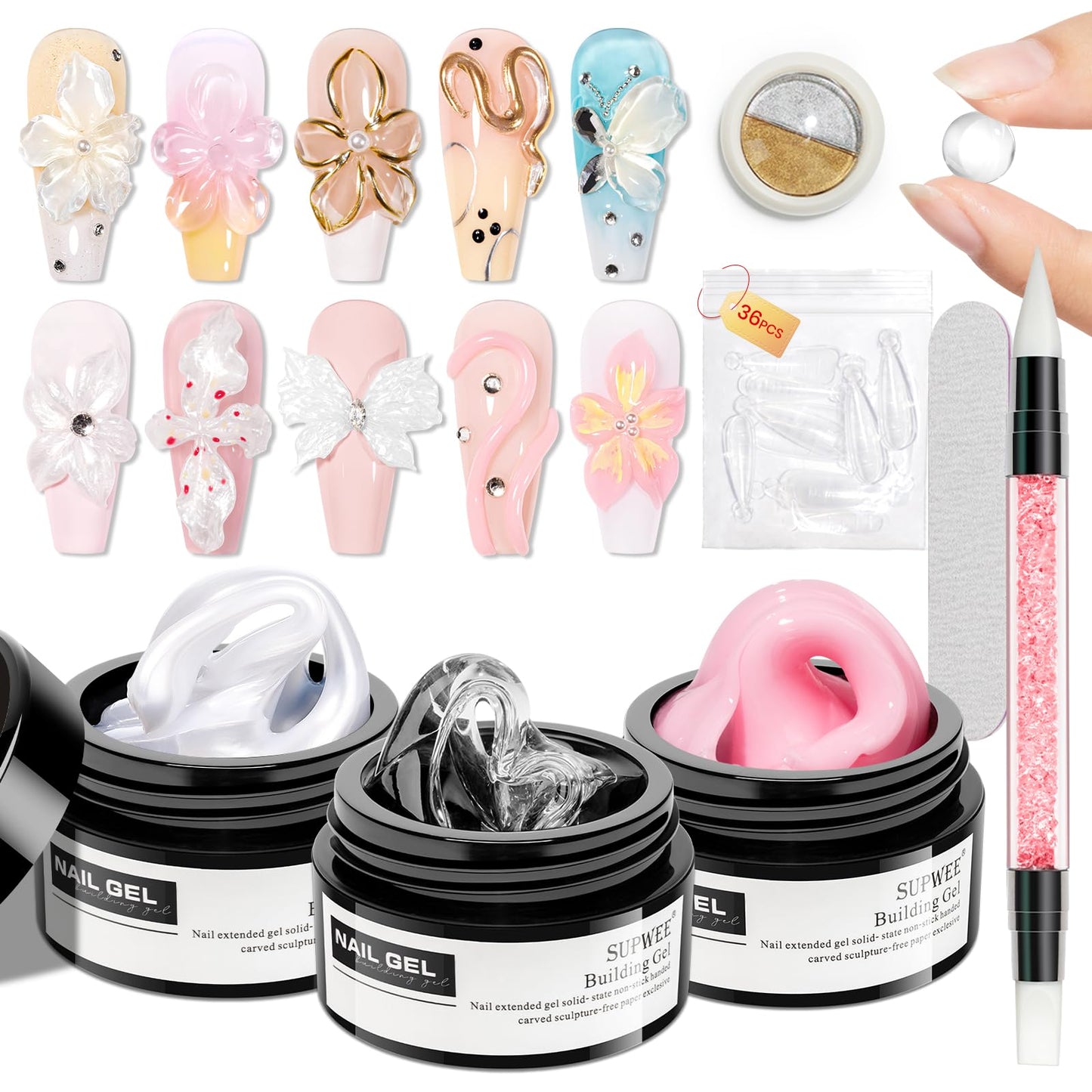 SUPWEE 3d Gel Nail Art Sculpture Non Stick Hand Molding Gel for Nails Multifunctional Solid Builder Gels for Extension Carving Sculpting Beauty Charms for Beignner and Salon DIY