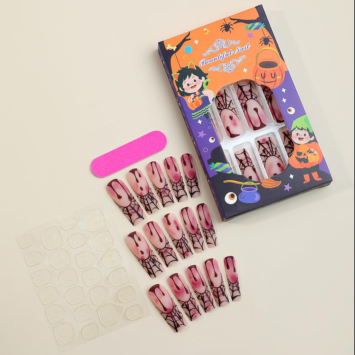 Halloween Press on Nails Long Coffin Fake Nails Scary Blood Glue on Nails Spider Web Glossy Stick on Nails Square Artificial Acrylic Nails for Women Girls Manicure 24 Pcs