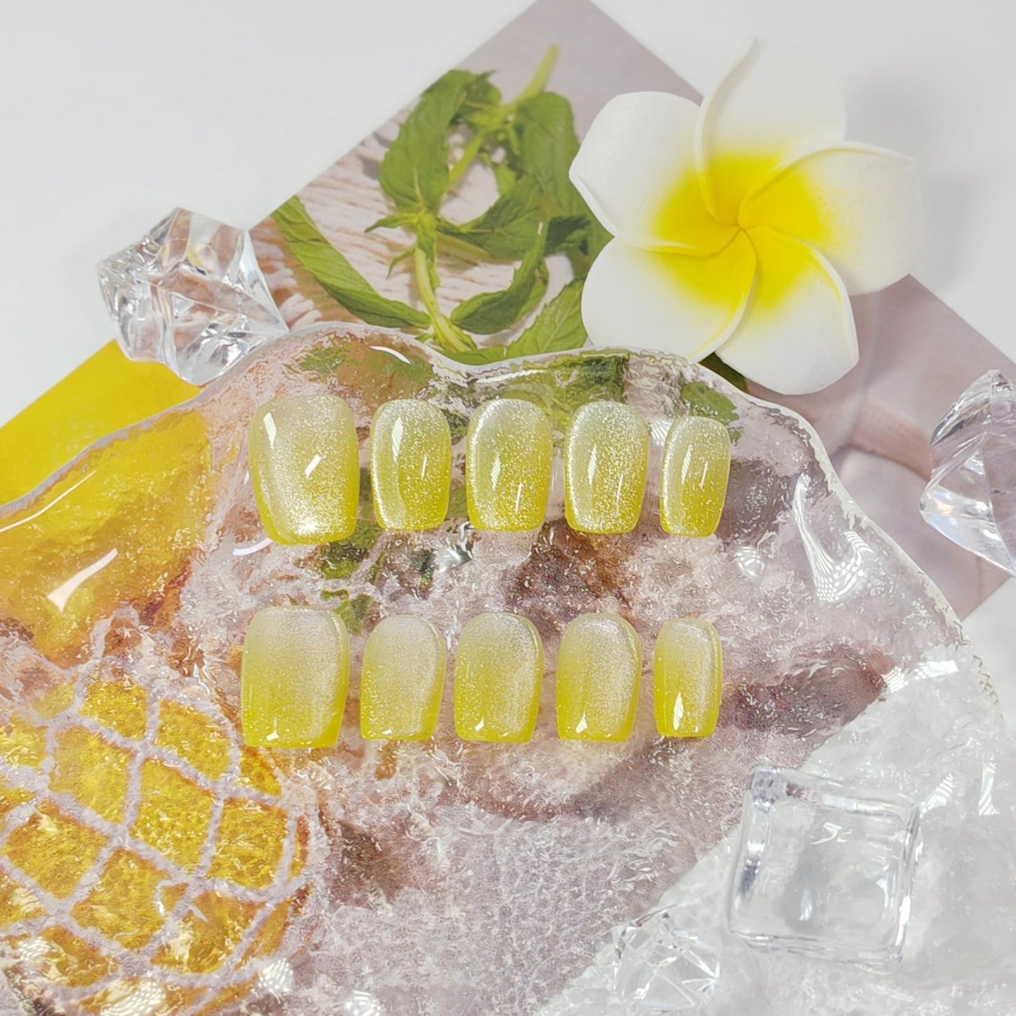 Short Square Press on Nails 3D Flower False Nails with Designs, Glitter Fake Nails Handmade Reusable Manicure Kit (Lemon#Large)