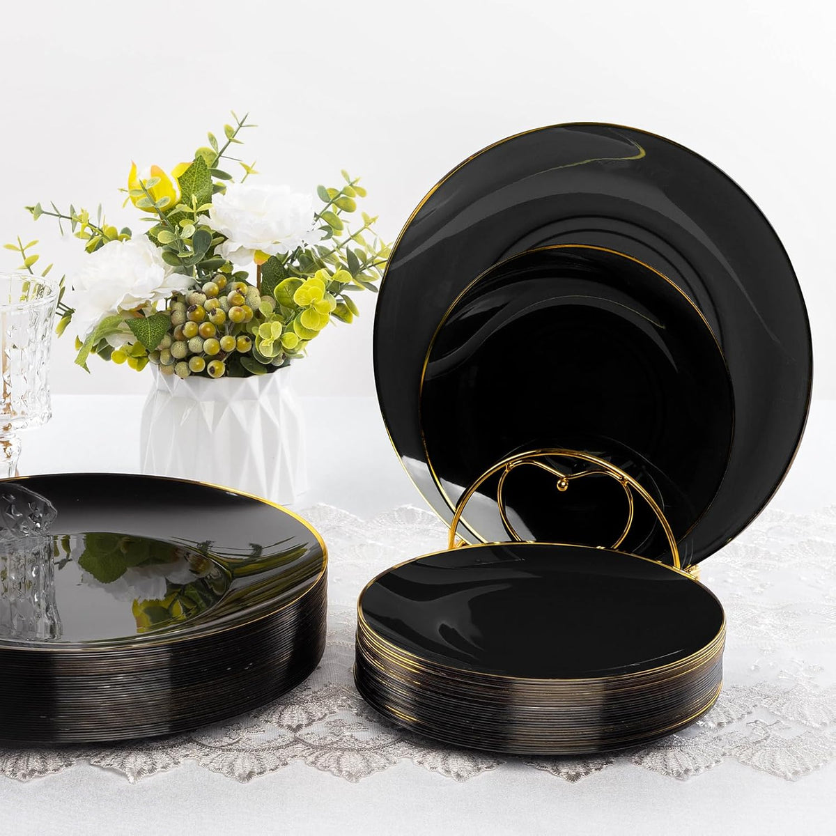 350 Pieces Black Gold Plastic Dinnerware Set, Gold Disposable Plates for Party, Include 100 Black Plates with 150 Plastic Cutlery, 50 Napkins and 50 Cups