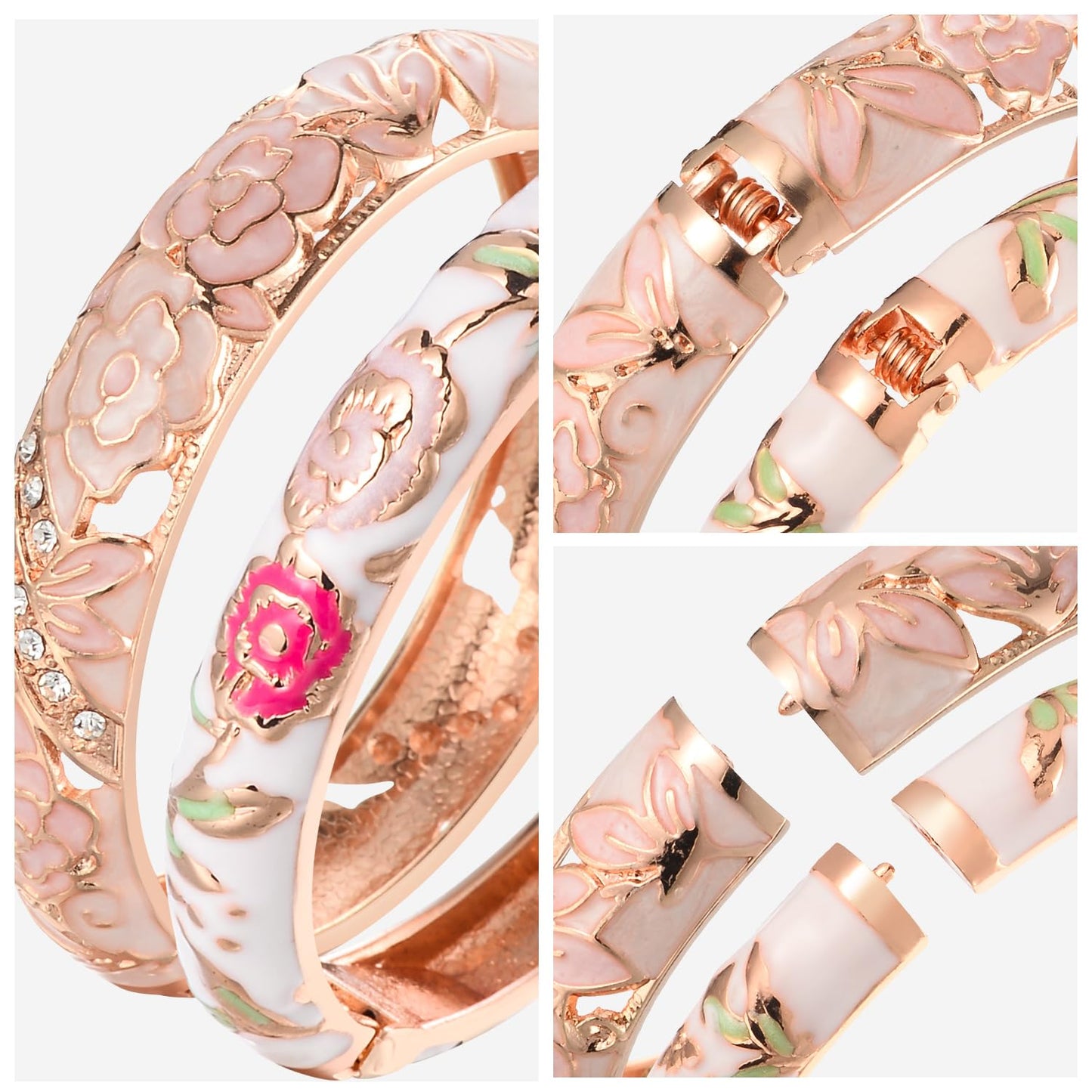 UJOY Vintage Jewelry Cloisonne Handcrafted Enameled Flower Gorgeous Rhinestone Hinged Cuff Bracelet Bangles Gifts 88C06-55A106 Pink White