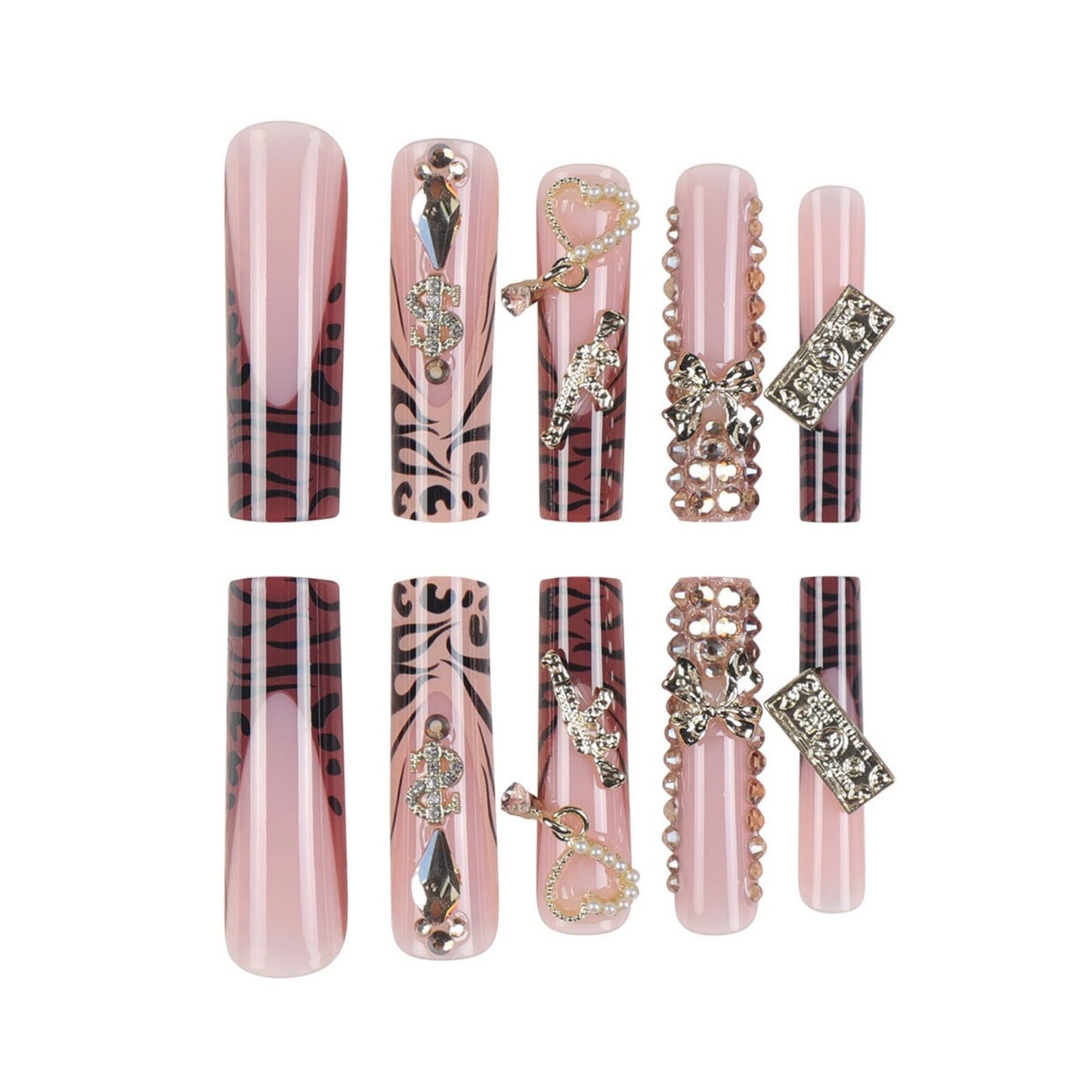 Square Press on Nails Long Fake Nails XL False Nails Extra Long French Tip Glue on Nails Brown Artificial Nails with Bow and Rhinestones Designs Stick on Nails for Women 24pcs