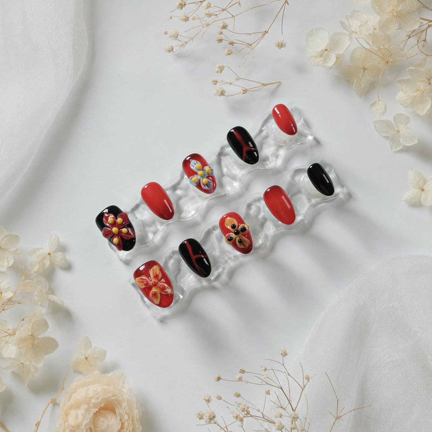 Tesytto Handmade Press on Nails Almond Shape Glossy Reusable False Nails for Nail Art (Crimson Flame Shadow, S)