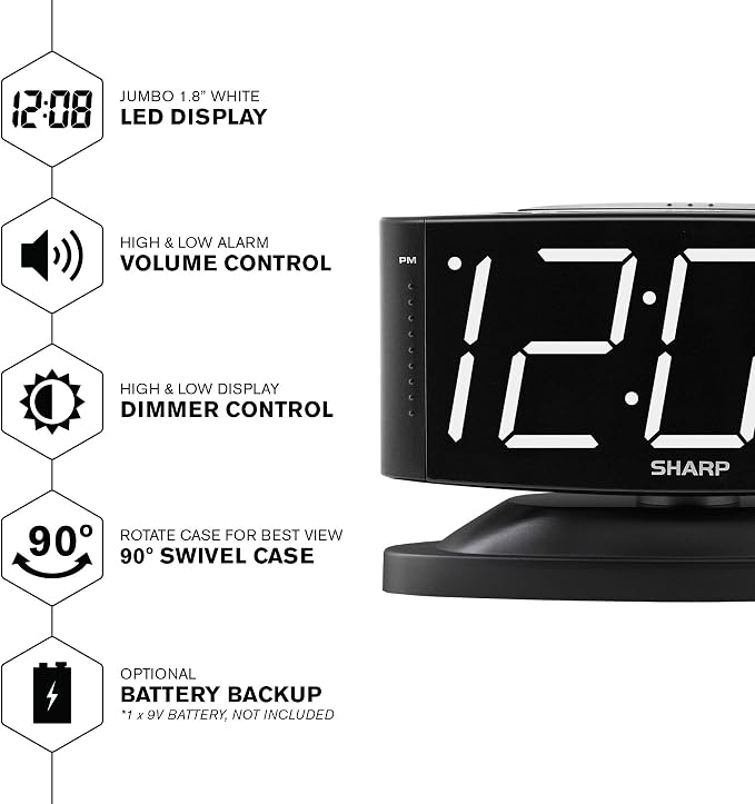 Sharp Digital Alarm Clock with Swivel Base, White LED, Dimmer, Black | Large white LED digits; Adjustable swivel base; Brightness dimmer; Snooze alarm; Simple controls; black case