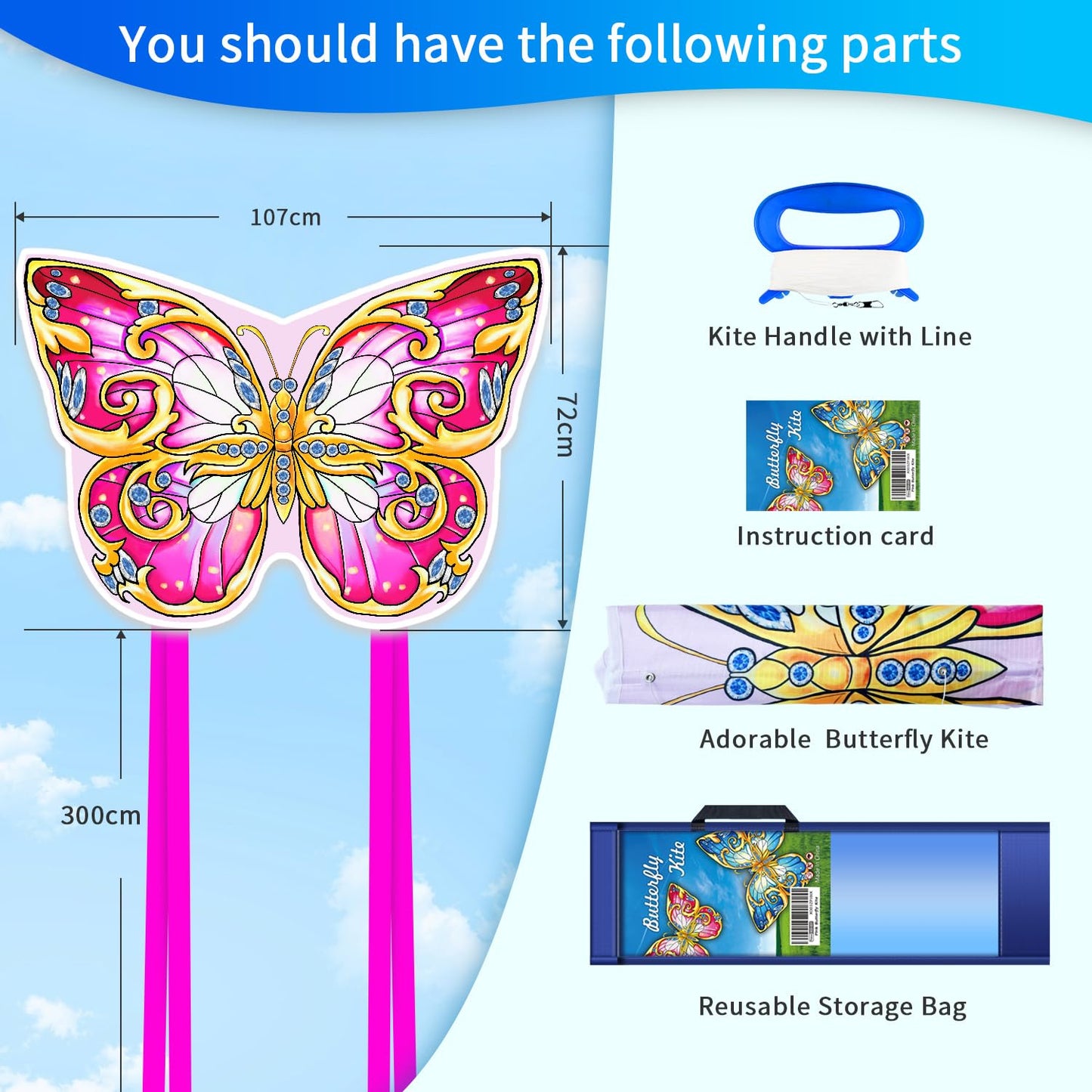 Xida Butterfly Kites for Kids & Adults, Extremly Easy to Fly, Large Kites for Adults, Single Line Kite for Beach Trip, with 200 FT String Handle, Beginners Kite for Kids Ages 4-8