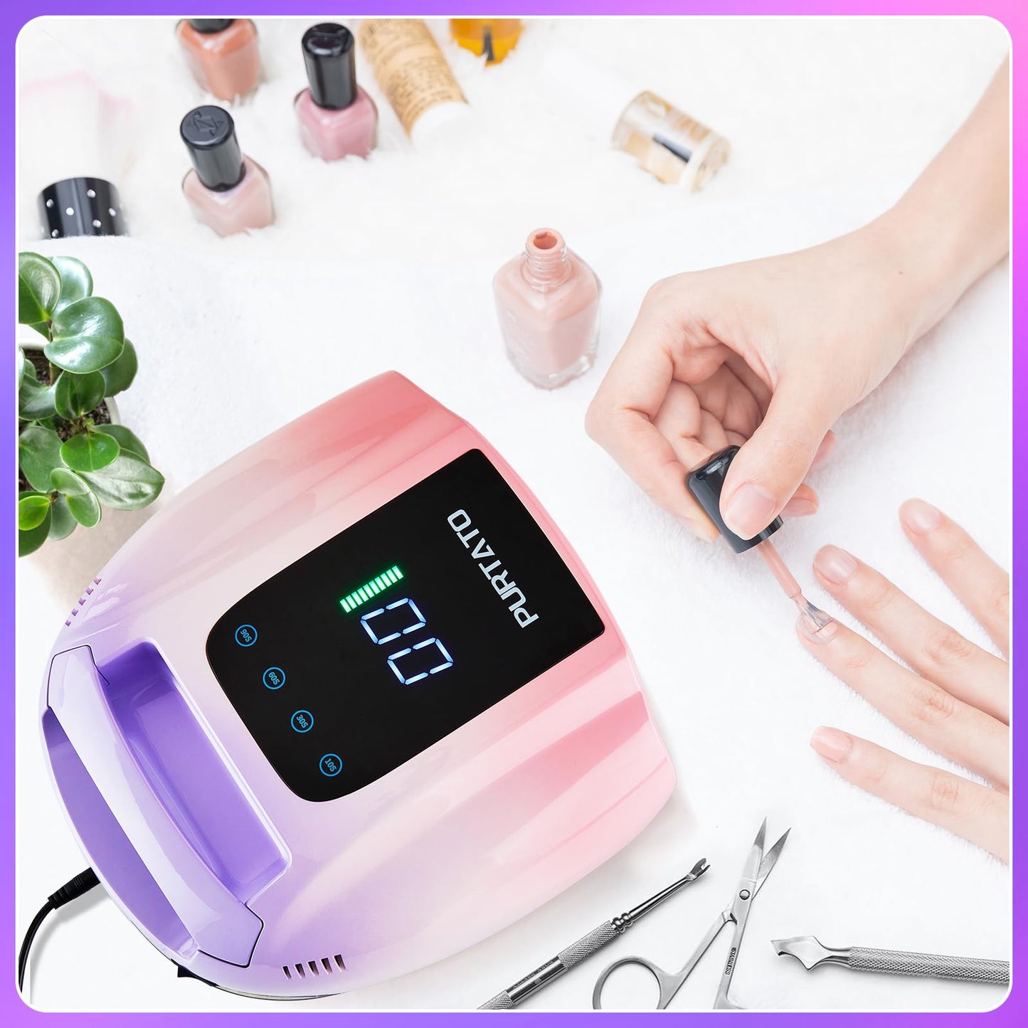 PURTATO Professional Rechargeable 96W UV LED Portable Cordless UV Light for Nail Lamp Machine with Removable Stainless Steel Bottom,4 Timer Setting and Smart Sensor Nail Dryer (Purple&Pink)