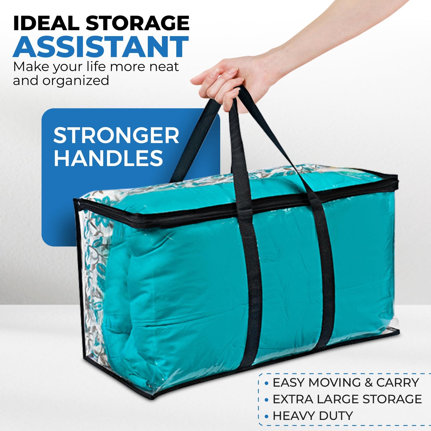 VitalUp 2 Pack Clear Large Moving Bags, Heavy Duty Storage Bags, College Totes, Storage Bins, for Organizing Blankets, Clothing for College, Dorm, Packing, Durable with Zipper and Handle 25x14x12