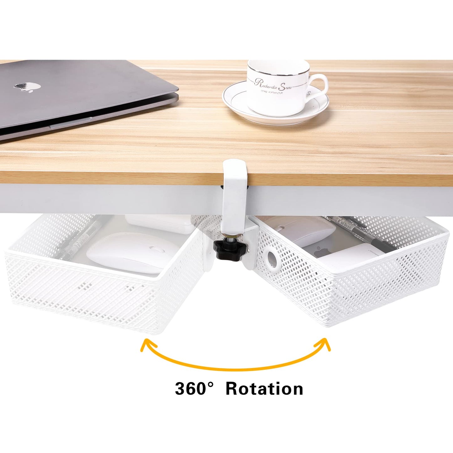 Euyona Mesh Desk Organizer and Clamp-on Swivel Pencil Drawer, Desk Hidden Desk Organizer Extra Sturdy C-Clamp Mount System and Easy to Instal, Home Office Art Supply Storage Box (White)