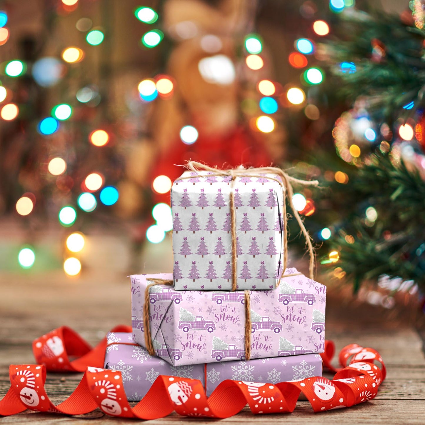 Whaline 12 Sheets Christmas Wrapping Paper - Not Roll - Purple Santa Tree Snowman Snowflake Gift Wrap Paper Folded Flat for DIY Crafts Xmas Winter Holiday Party, 19.7 x 27.6 Inch