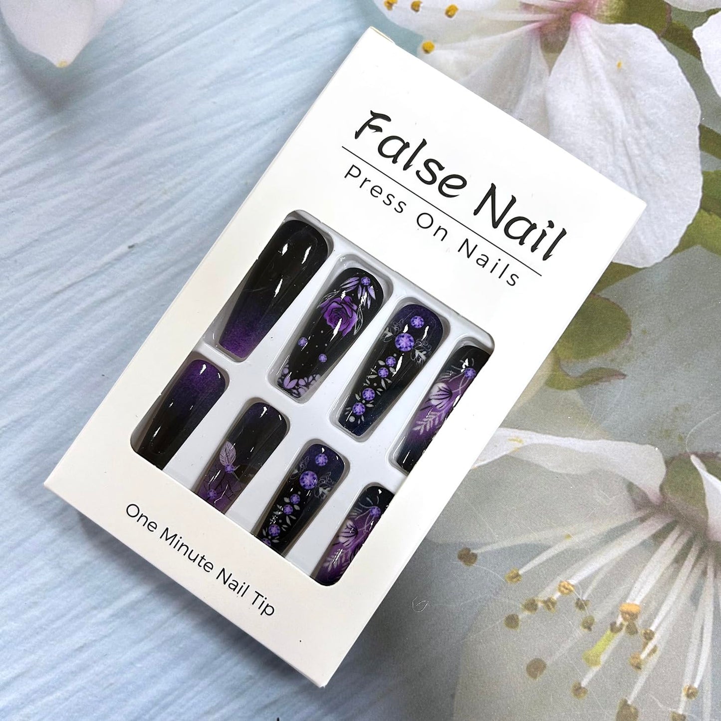 24Pcs Purple Rose Press on Nails Medium Ballet Shaped Purple Starry Sky Smudge and Flower Pattern Design Full Cover Glossy Artificial False Nail Reusable Acrylic Press Ons Stick on Nails for Women