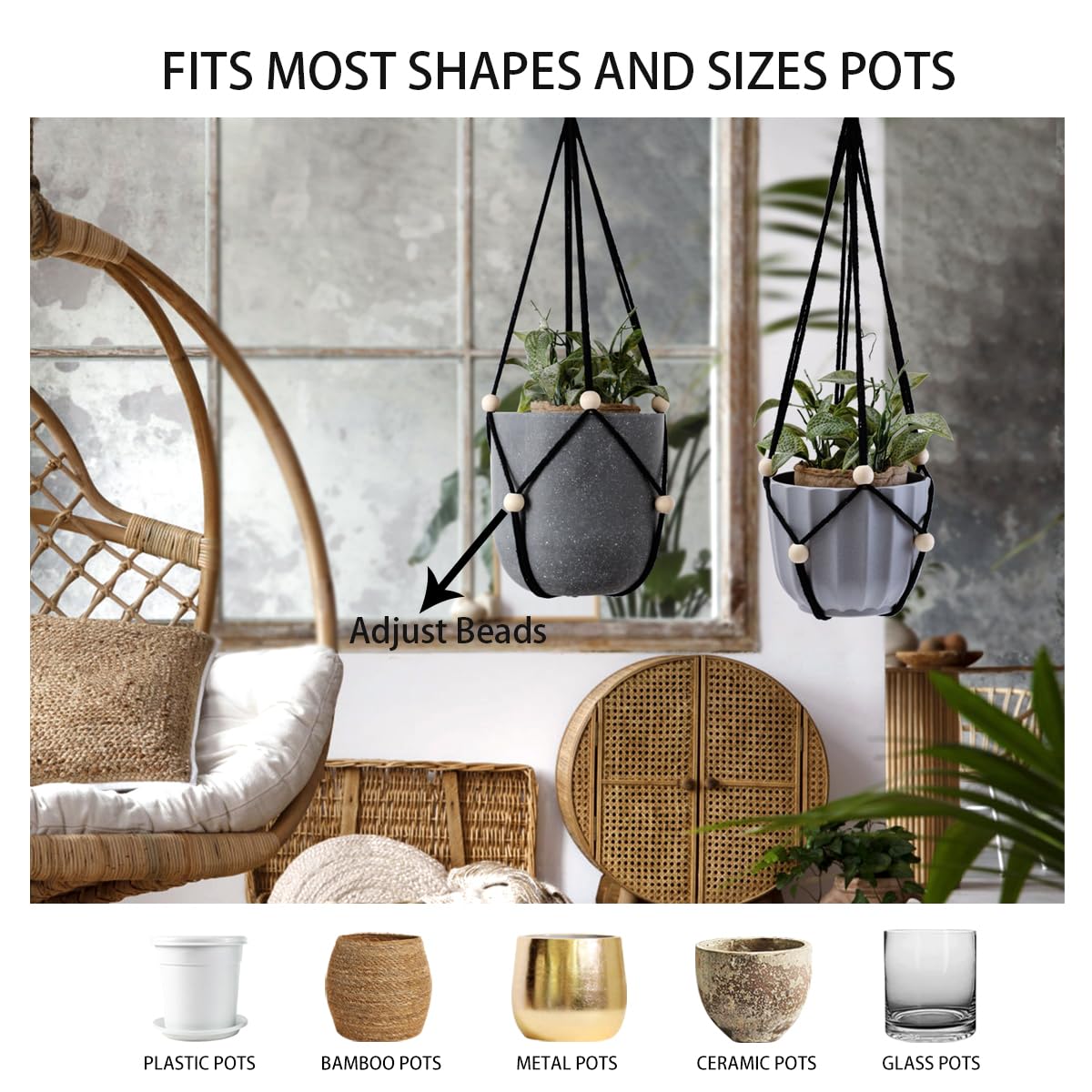 Artilady Black Hanging Planter for Indoor Plants Macrame Plant Hanger Large Hanging Plant Holder Basket with Adjustable Beads Outdoor Window Boho Plant Wall Decor (Black Bead-2pcs)