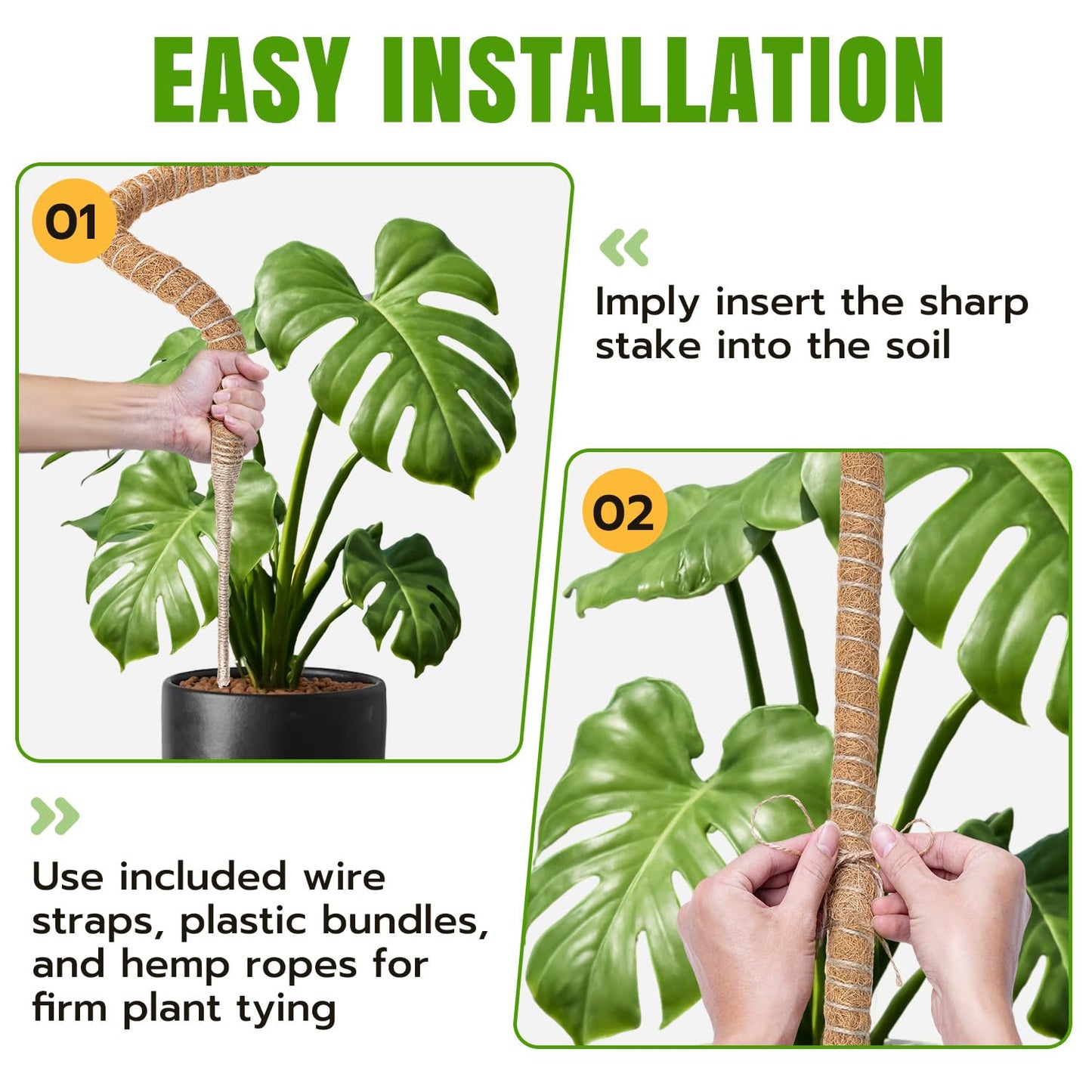 Mcbazel 2 Pack Bendable Moss Pole Kit (47" & 23") for Plants Monstera - Mixed Size Coco Coir Plant Support Stakes for Tall & Medium Indoor Vines - Flexible Totem Stick with Full Garden Ties