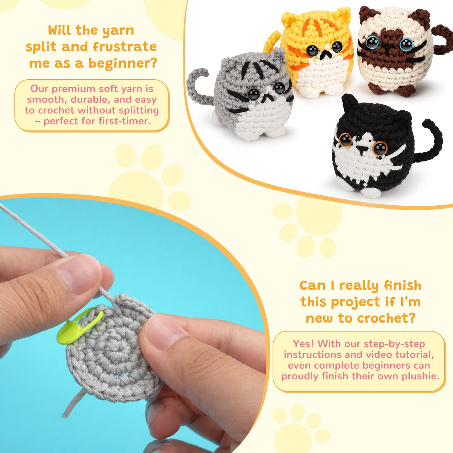 Fortuning's JDS Crochet Kit for Beginners, Cat Crochet Kit for Adults Beginner, Complete DIY Crochet Starter Kit with Step-by-Step Video Tutorials, Easy Knitting Kit Cat Crochet Gifts
