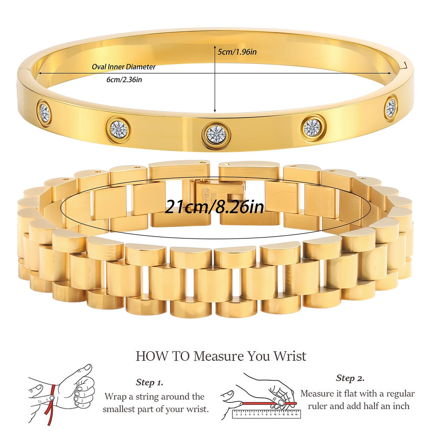 2PCS Gold Chain Link Watch Bracelet Set,18K Gold Plated Stackable Bracelets for Women,Stainless Steel Jewelry with Adjustable Tool, Non-Tarnish Friendship Love Bracelet Gift for Her. (2pcs-A Gold)