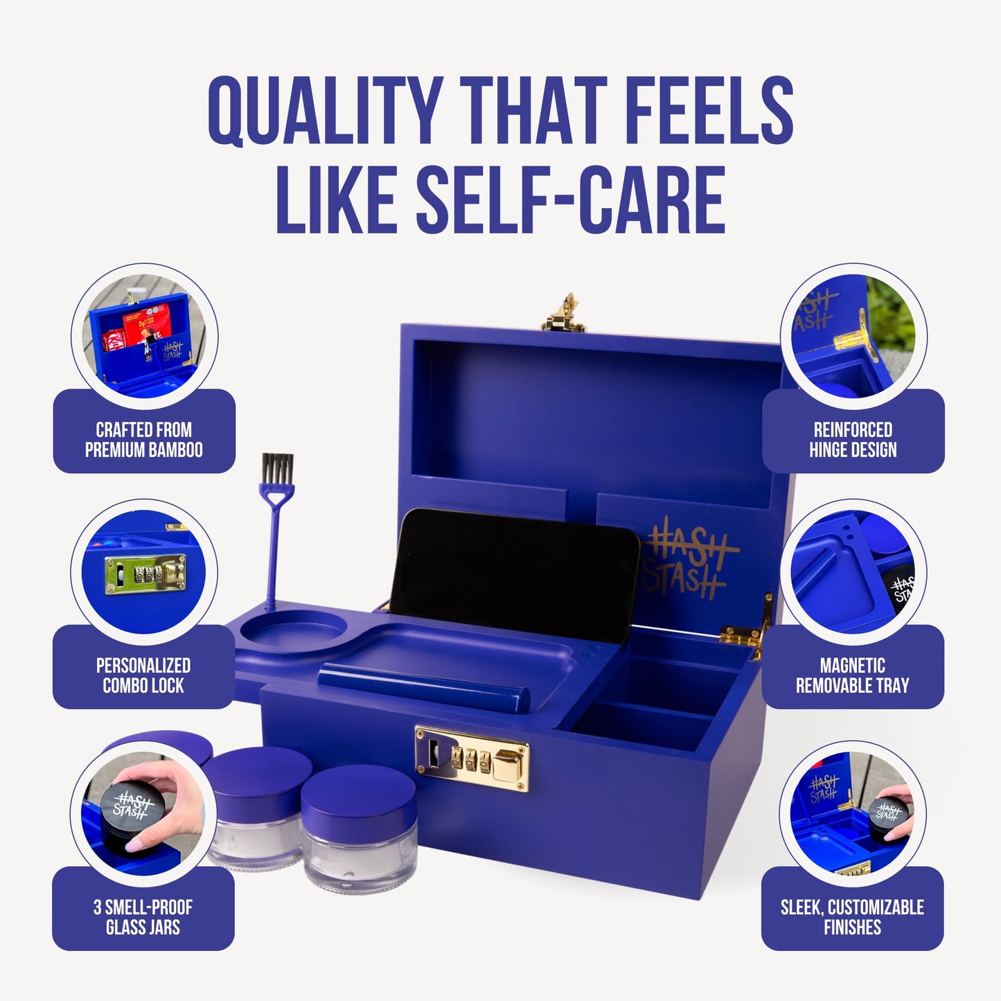 The OG Storage Box - Large Bamboo Box with Combination Lock, Magnetic Lid, Organizer Tray, Airtight Tube and 3 Jars - Discreet Decorative Locking Wooden Box with Accessories (Royal Blue/Gold)