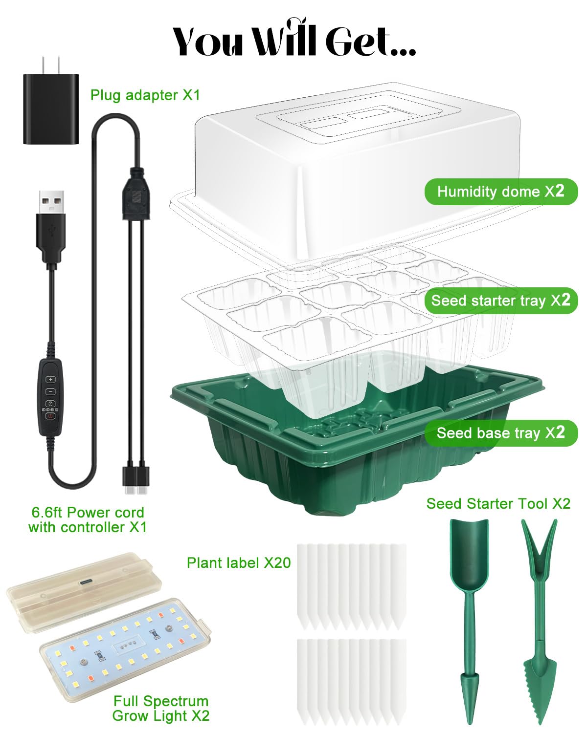 Seed Starter Tray with Grow Light (2x 24-LED), 2 Pack Seed Starter Kit with Humidity Domes and Timing Controller, Adjustable Brightness, Reusable Seedling Starter Tray, Thicken Seed Starting Trays