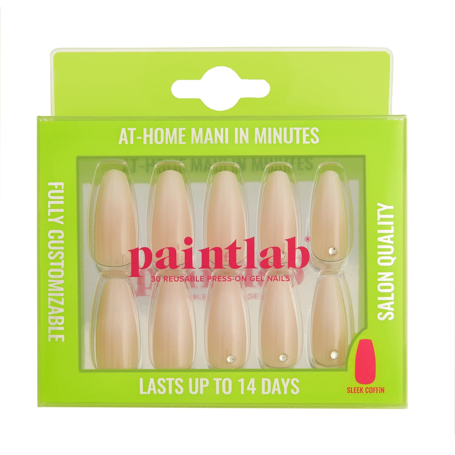 PaintLab Press On Nails - Gradient Nude (With Diamonds) Coffin Fake Nails, 30 Nails in 15 Sizes with Glue, Reusable Salon Quality Press On Nails