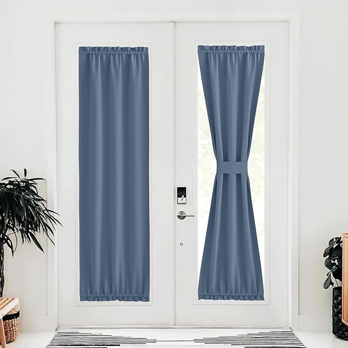 NICETOWN French Door Blackout Curtain for Kitchen Thermal Insulated Drapes Temporary Window Treatment Covering for Glass Door Rod Pocket with Tieback, 25" x 80", Stone Blue, 1 Panel