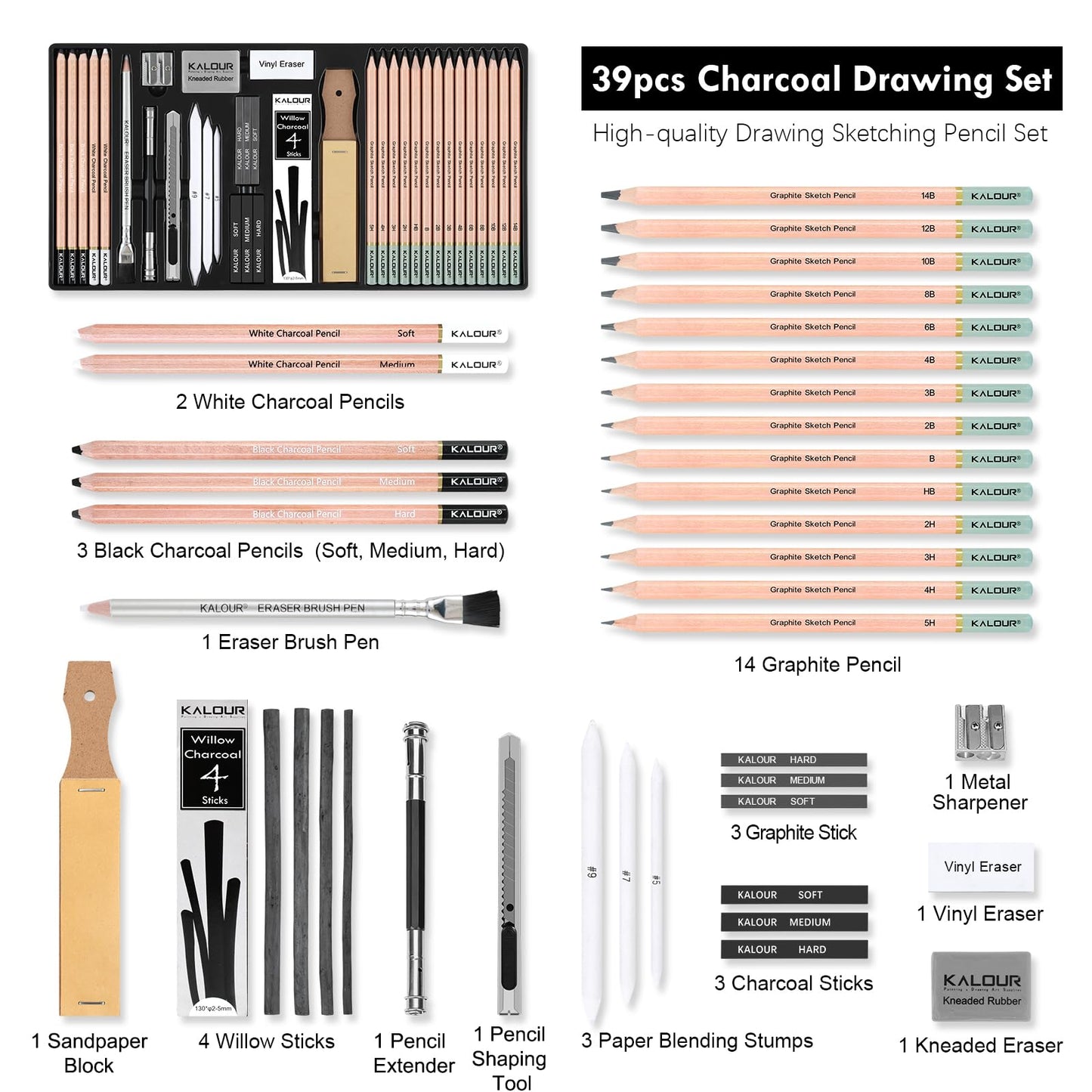 KALOUR PDAS 39pcs Drawing Pencil Set, Professional Sketch Pencils (5H-14B), Black and White Charcoal Pencils for Sketching, Eraser Brush Pen, Charcoal Sticks, Art Pencils Set for Artists & Beginners