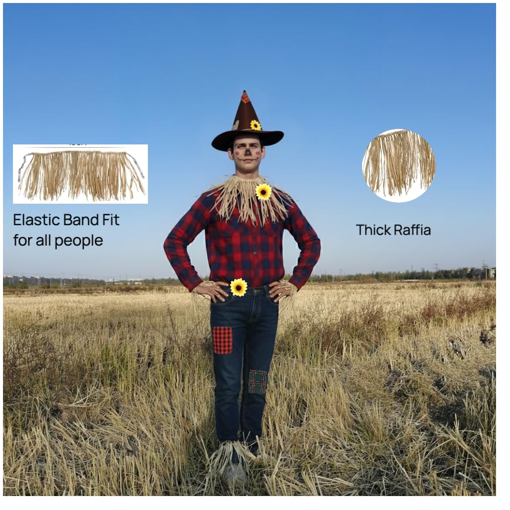 Lunaryvo Scarecrow Costume, Scarecrow Hat Raffia Straw Kit Face Decals Sunflower Patchwork Halloween Harvest Accessories (Brown-13pcs)