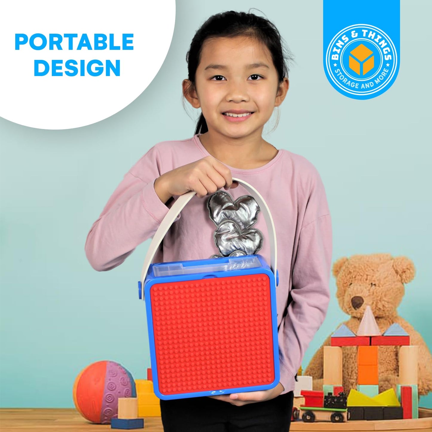 Bins & Things Bin Box Organizer for Small Toys - Travel Toy Set Carry Case with Built-in Lid - Sturdy Storage for Mini Blocks - Portable Toy Storage - Blue and Red