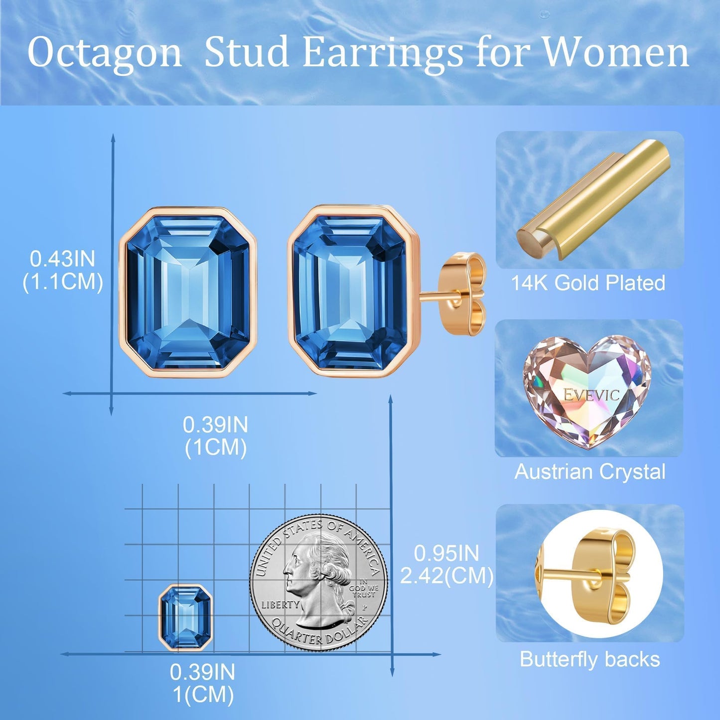 Austrian Crystal Octagon Stud Earrings for Women Fashion 925 Sterling Silver Post Hypoallergenic Jewelry (Dark Blue)