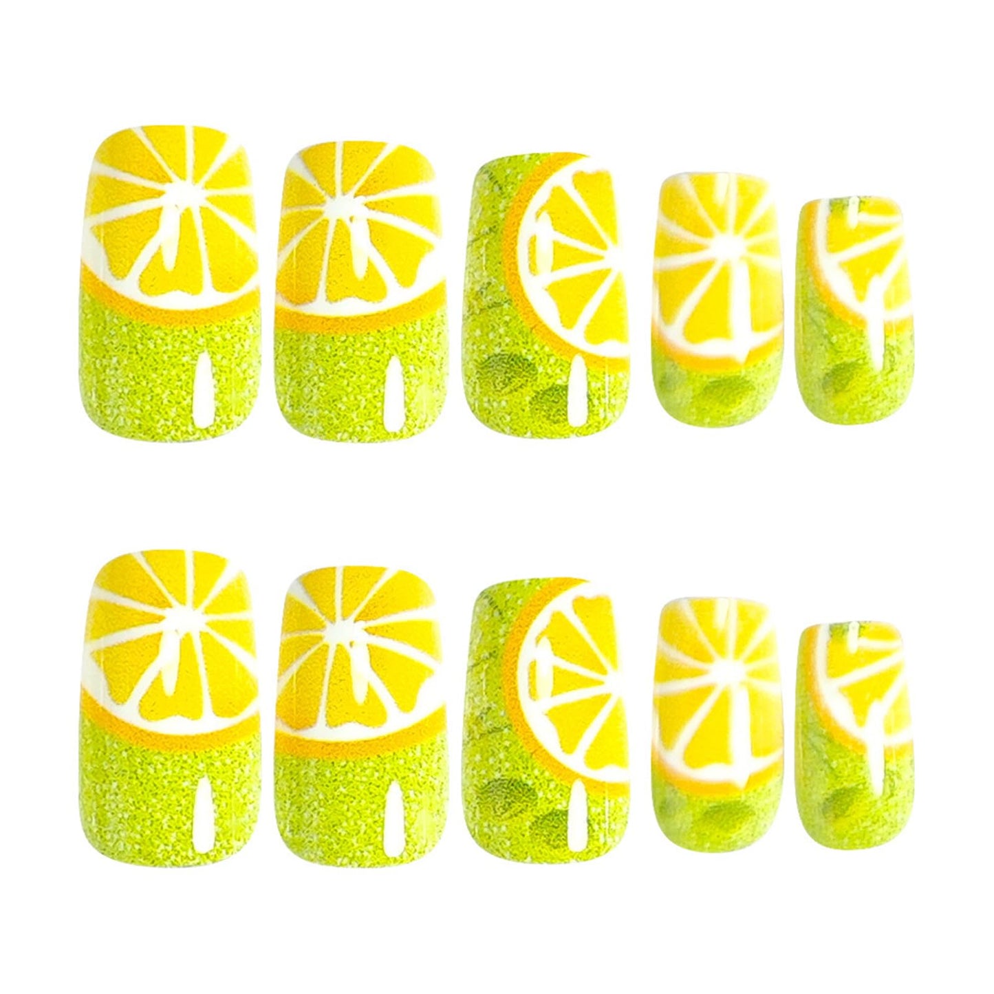 IMSOHOT 24Pcs Press on Nails - Medium Square Fake Nails Yellow Lemon & Green Glitter Fruit Design False Nails Kit for Vacations