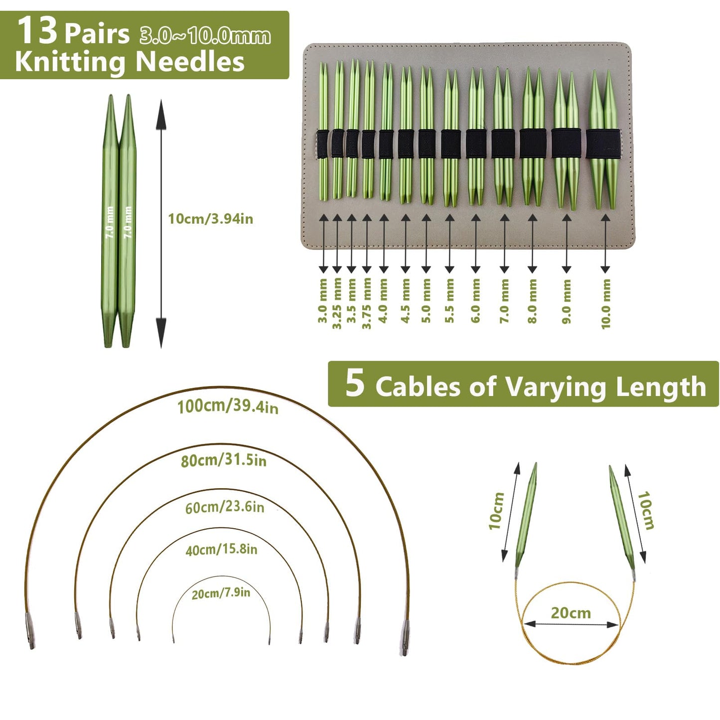 4-inch Knitting Needles Set, 13 Pairs Interchangeable Circular Knitting Needles Set Aluminum 3-10mm with 5 Cables, Knitting Accessories and Case, Green