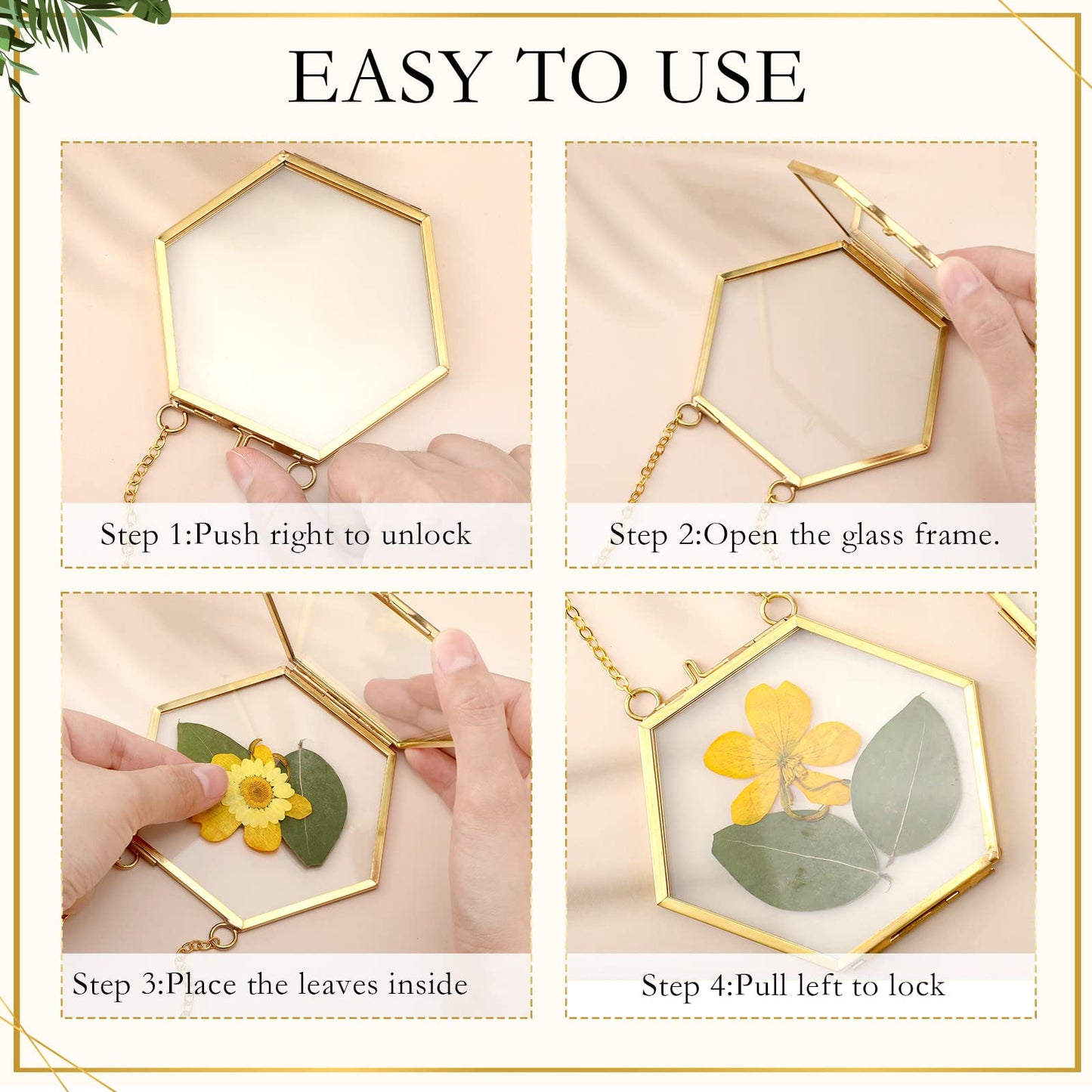 Bucherry 5 Pcs Glass Frame for DIY Pressed Flowers Art Brass Hanging Photo Picture Frame with Chain and 6 Styles Pressed Flowers Collage Glass Craft Frames for Wall Decor Display Gallery (Gold)