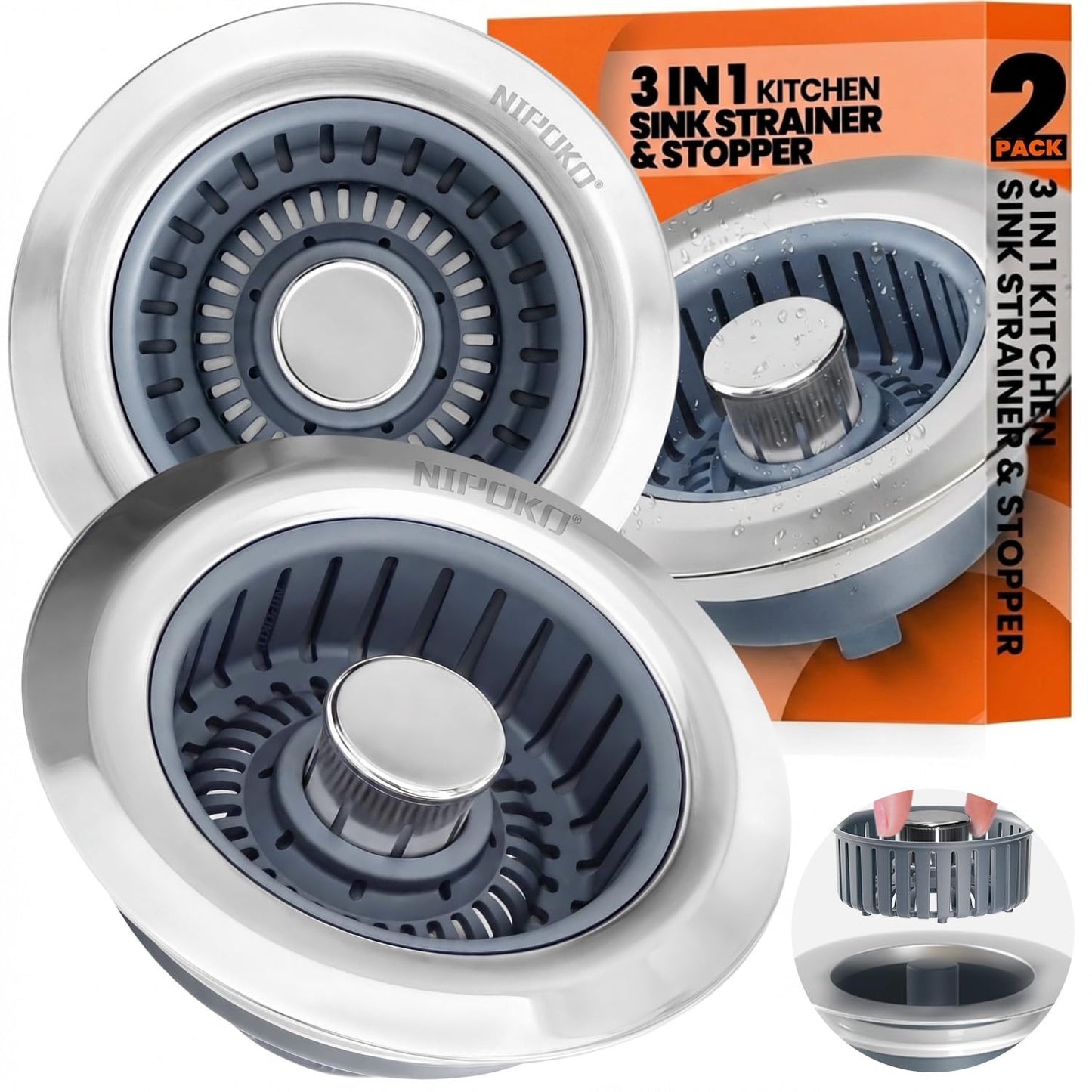 Nipoko 2 Pack Sink Drain Strainer - Sink Stopper, 3 in 1 Stainless Steel Kitchen Drain Plug with Deep Anti-Clog Basket and Odor-Blocking Seal, Pop-Up Design Fits Standard 3-1/2 Inch Sink
