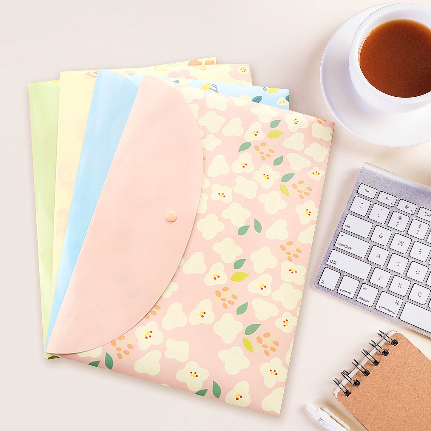 10 pcs Style Floral Printed A4 Paper Document File Folder Poly Envelopes Document Organizer Booklet File Paper Folders with Snap Button 4 Color (4 Color, A4)