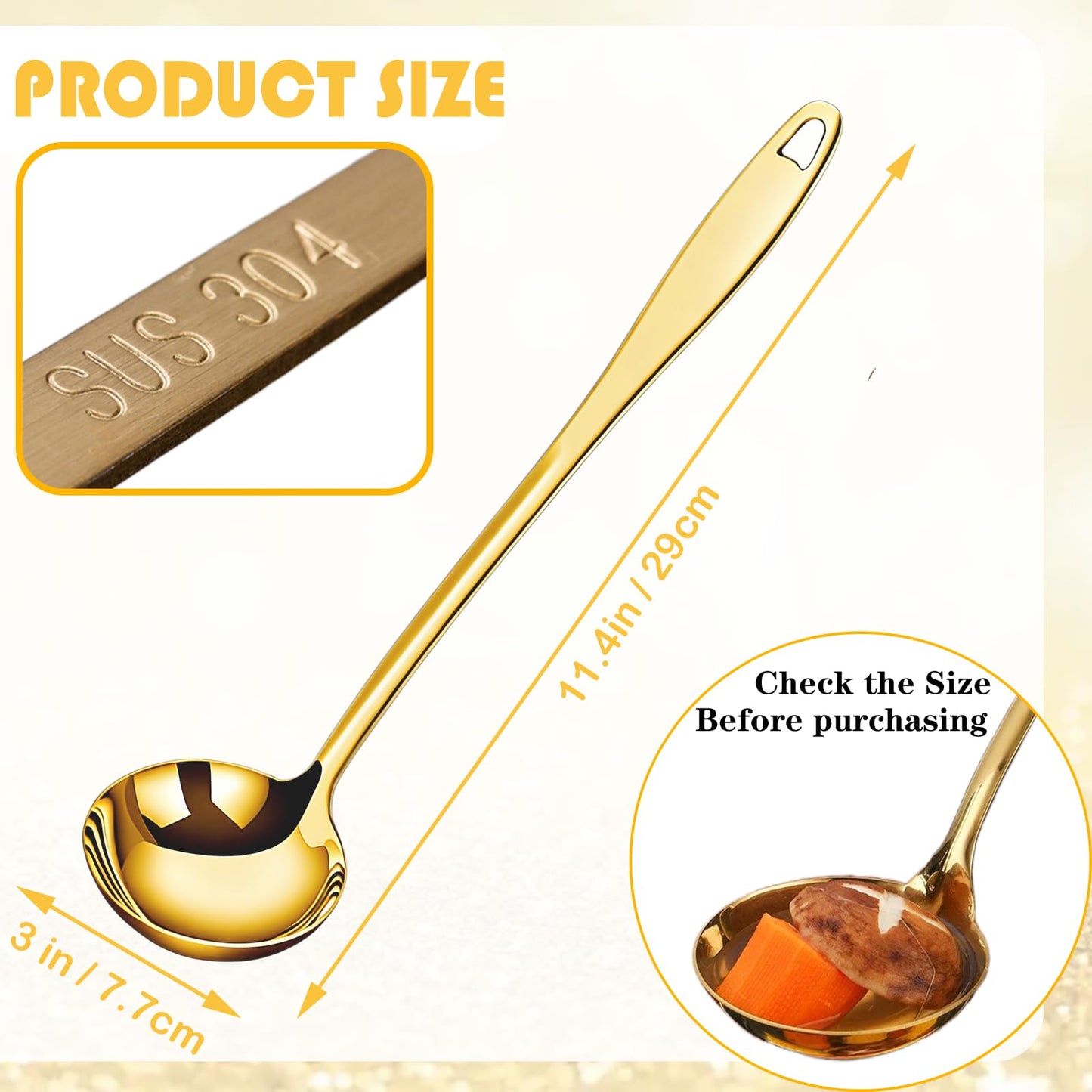 Soup Ladle, 2Pcs Stainless Steel Ladle spoon, 12.2Inch Metal Long Handle Serving Spoon for Cooking Buffet, Party, Kitchen, Gold