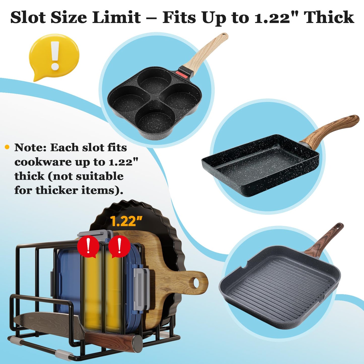 Cutting Board Organizer Rack with 7 Compartments, Heavy-Duty Iron Pan and Baking Sheet Organizer, Kitchen Cabinet Storage Rack with Non-Slip Base, Space-Saving Pot Lid Holder for Countertop & Pantry