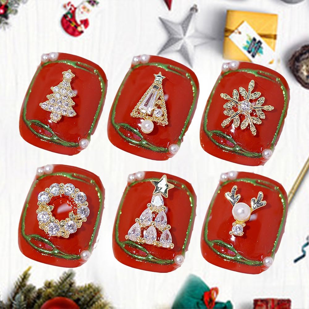 24pcs Luxury Zircon Christmas Nail Charms - 3D Snowflake, Elk, Xmas Tree, Garland Decorations - Gold Art Rhinestones Gems for Nails