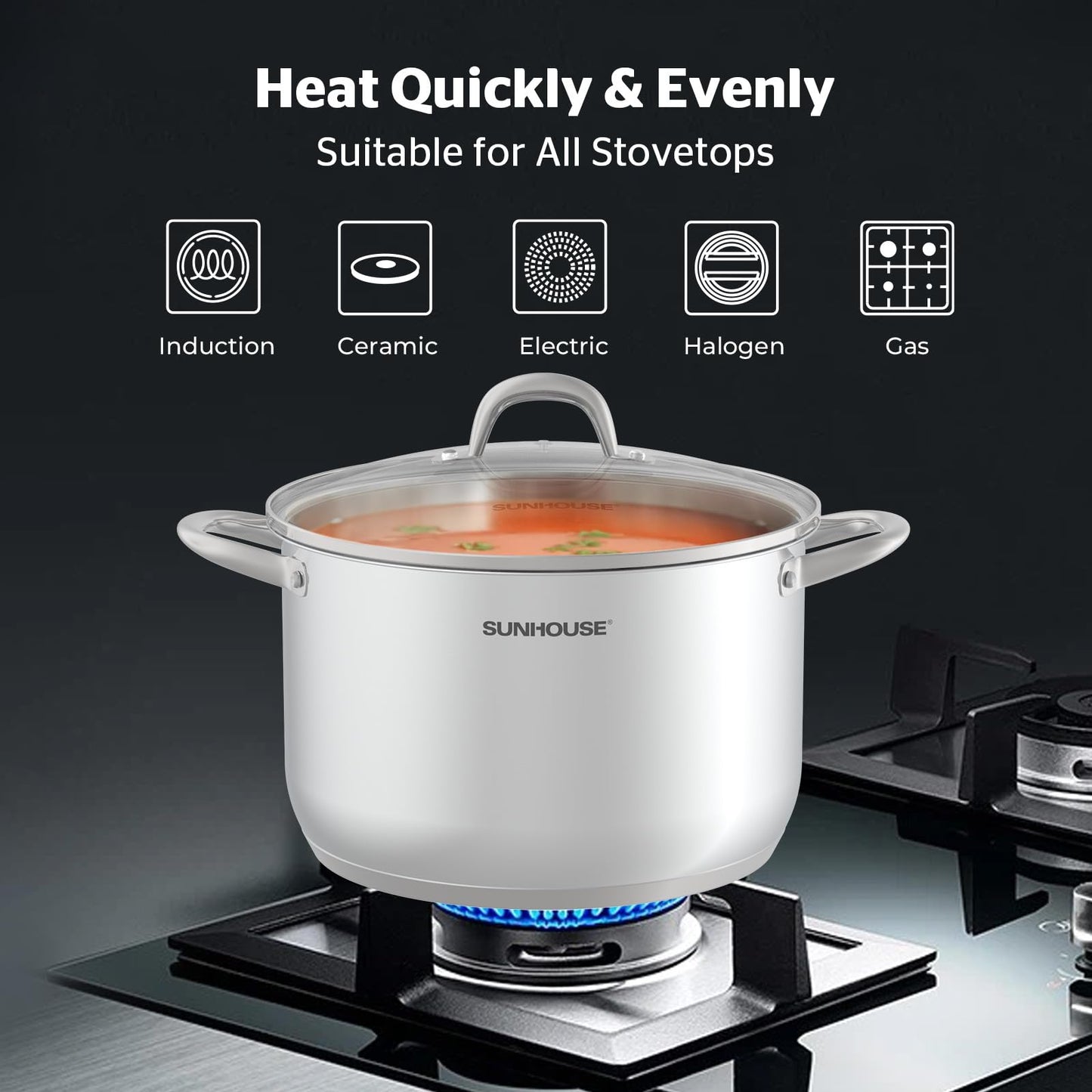 SUNHOUSE Stainless Steel Stock Pot - 11 Quart Heavy-Duty Induction Cooking Pot with Visible Lid for Pasta, Soup, Spaghetti - Nonstick Thick-Bottom Deep Stockpot for Canning, Boiling, and Simmering