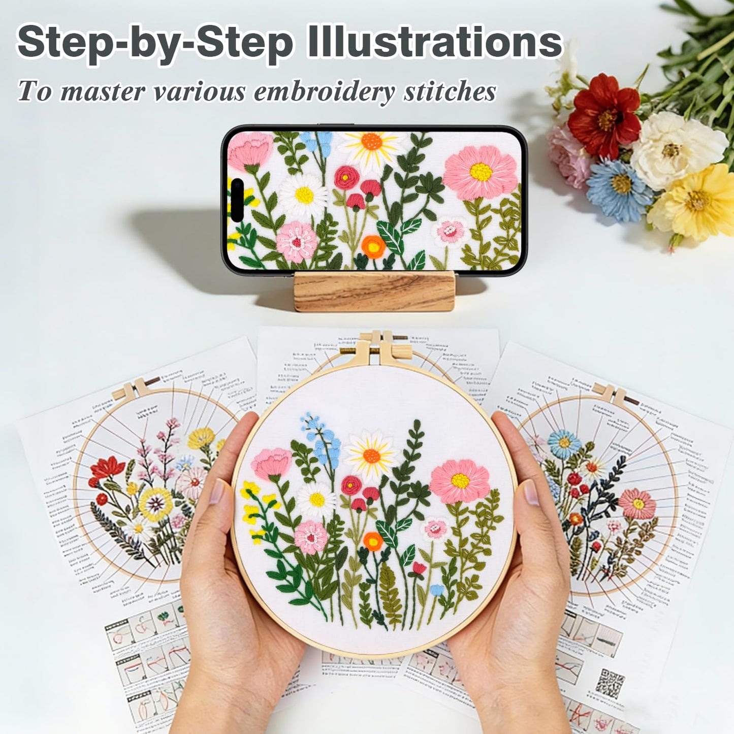 RIHYTFU 3 Pack Flower Embroidery Kits for Beginners, Adults Starter Cross Stitch Kit, DIY Sewing Needlepoint, Floral Plants Patterns Hand Stamped Embroidery Kits