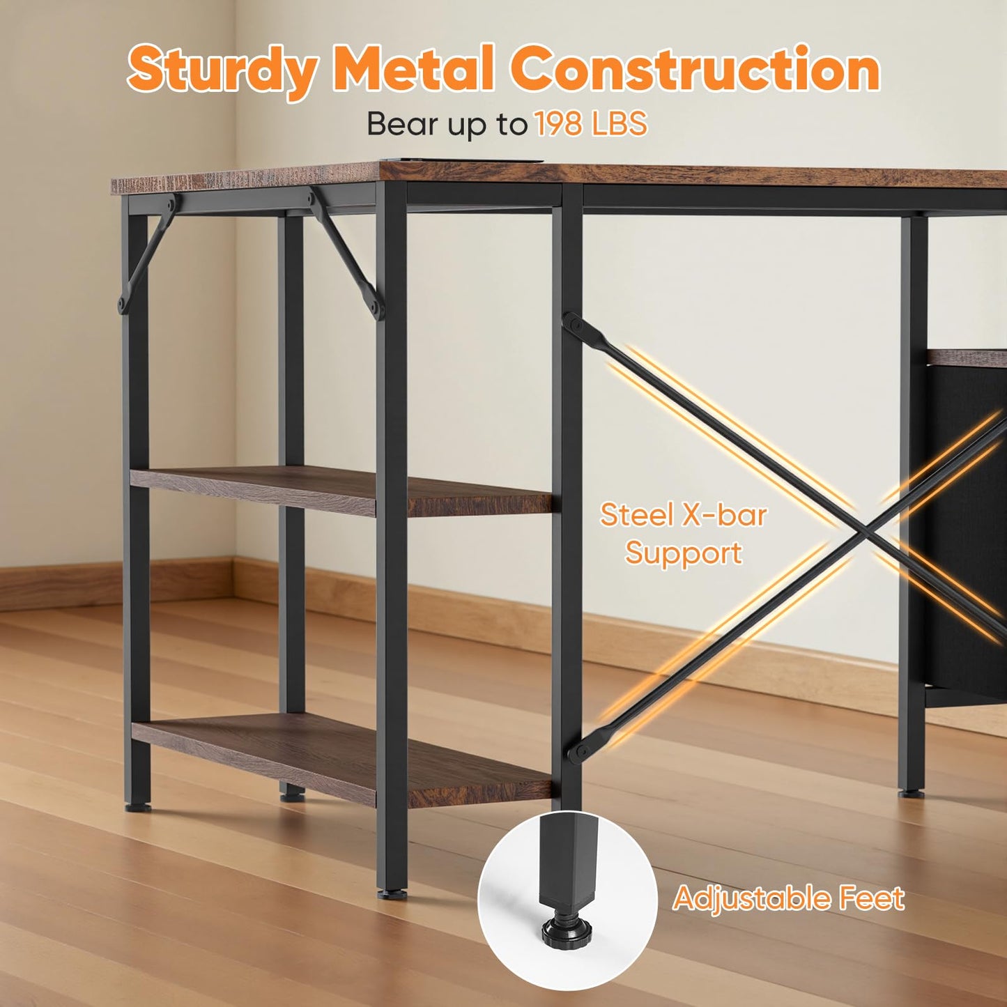 DUMOS L Shaped Desk with Shelf Drawers 47 Inch, Brown Corner Computer Desks Gaming with Power Outlet, Study Table with Adjustable Shelves, Home Office Tables for Bedroom Teacher Reading Writing