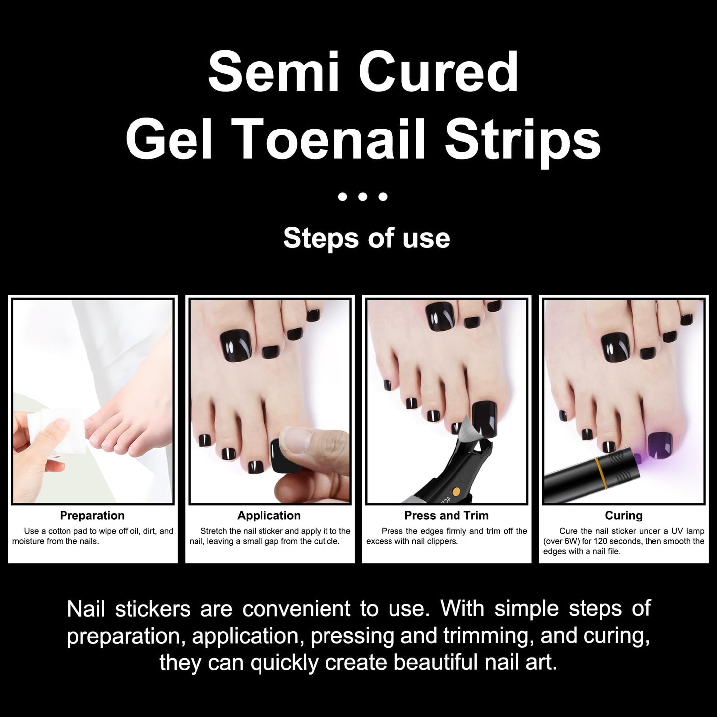 SILPECWEE Semi Cured Gel Nail Strips, Toenails Stickers Full Nail Wraps UV Light Required, Salon Quality, Easy to Apply & Remove, Toenail Strips for Women Girl (Midnight Black - 32PCS)
