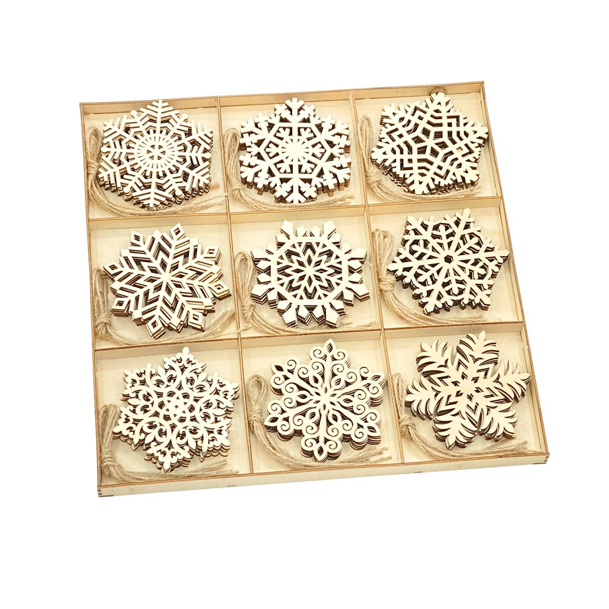 45 Pack Wooden Snow Flakes 3.5 Inch Unfinished Wood Snow Shaped Cutouts for DIY Crafts, with Sorting Tray(5 Pieces Each, 9 Designs)