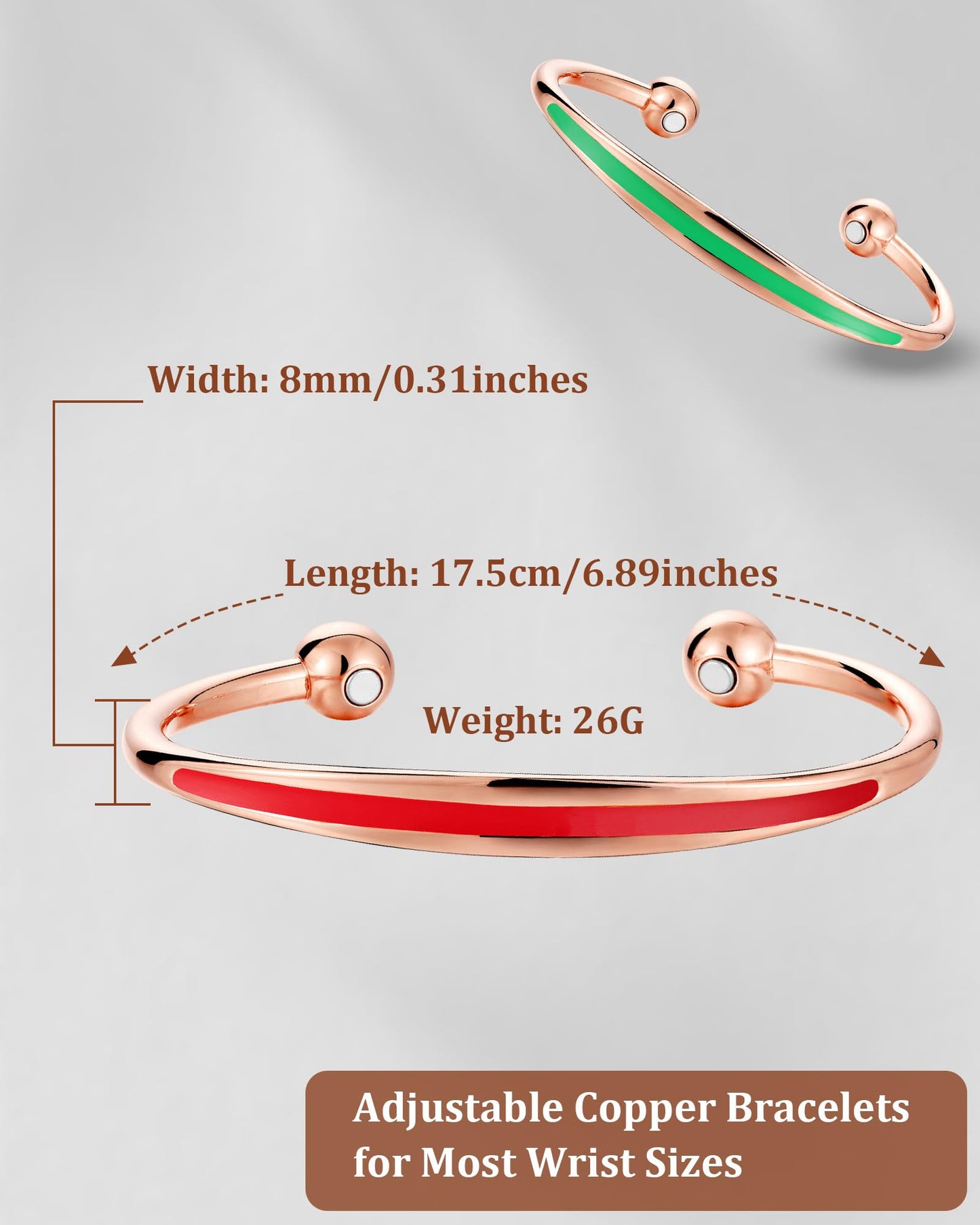 BioMag 2Pcs Copper Bracelets for Women Men, 99.9% Pure Copper Magnetic Bracelet Cuff Bangle with 8Pcs Magnets, Adjustable Jewelry Gifts (Green, Red-XMAS)