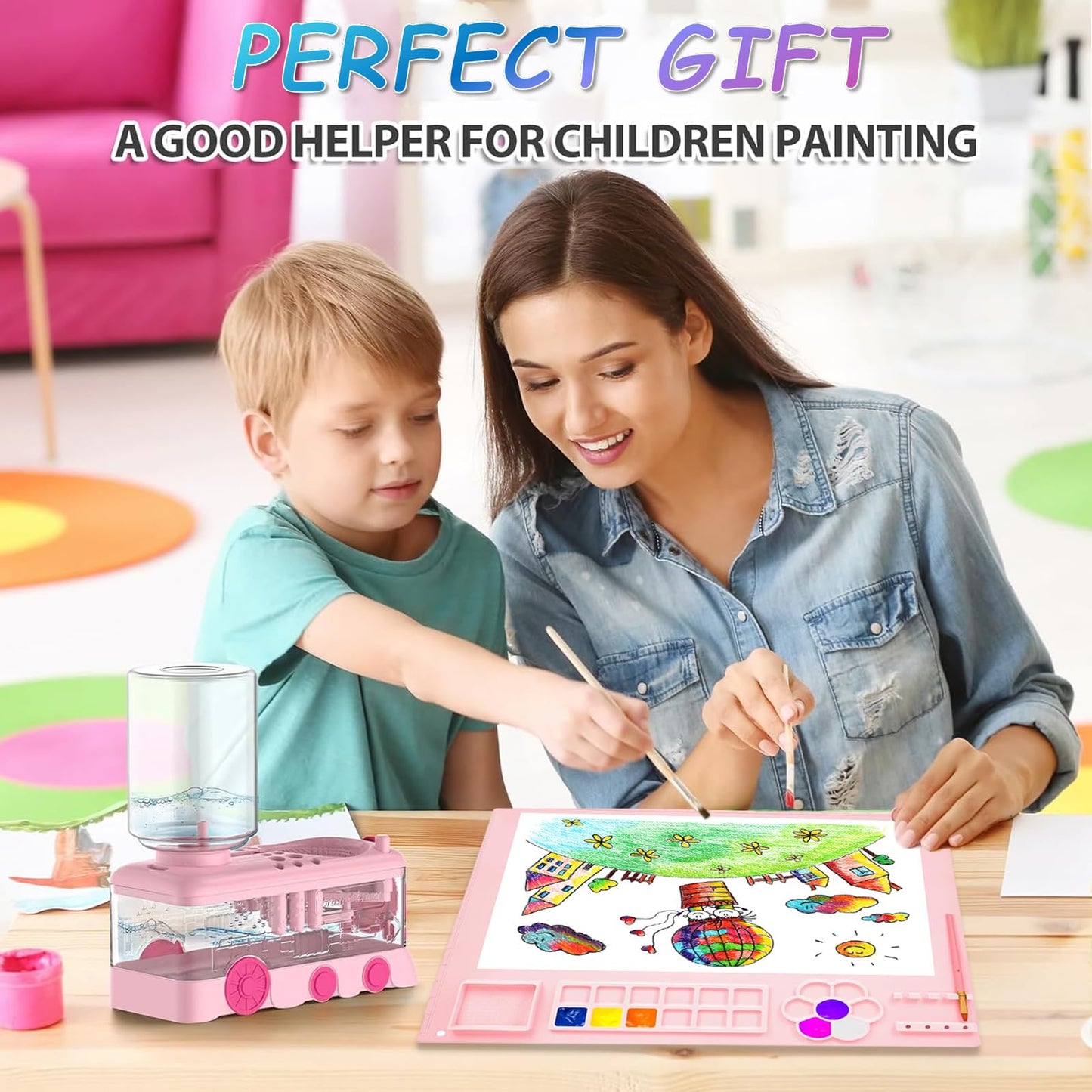 Velachuan Paint Brush Cleaning Kit for Kids with 5 Brushes, Art Smock, Washable Mat, Guidebook, Spiral Brush Cleaner Jar for Watercolor(Pink)