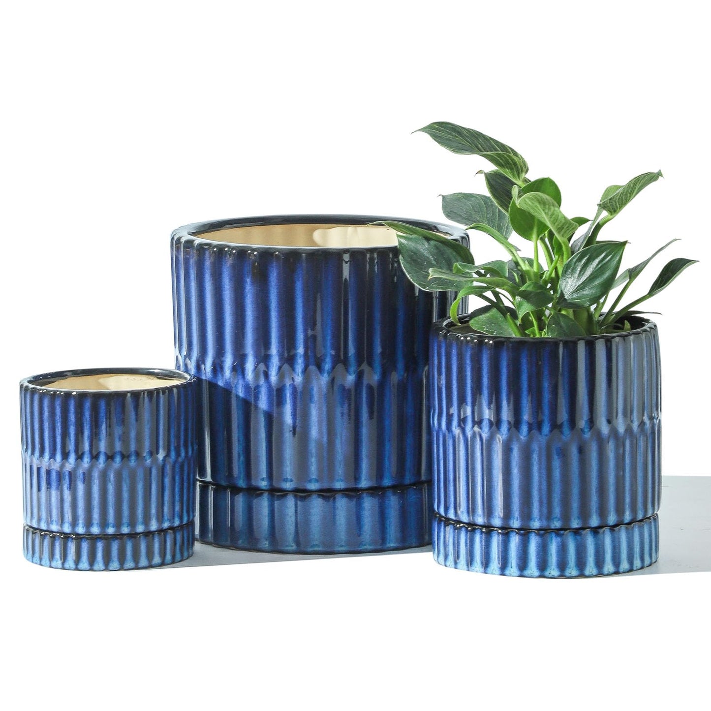 HASENSE Ceramic Plant Pots Set of 3 (8+6+4.6 Inch), Flower Planters with Drainage Hole and Saucer, Indoor Planter Pots for Succulents, Herbs, Ideal for Home Office Desktop Garden Decor(Blue)