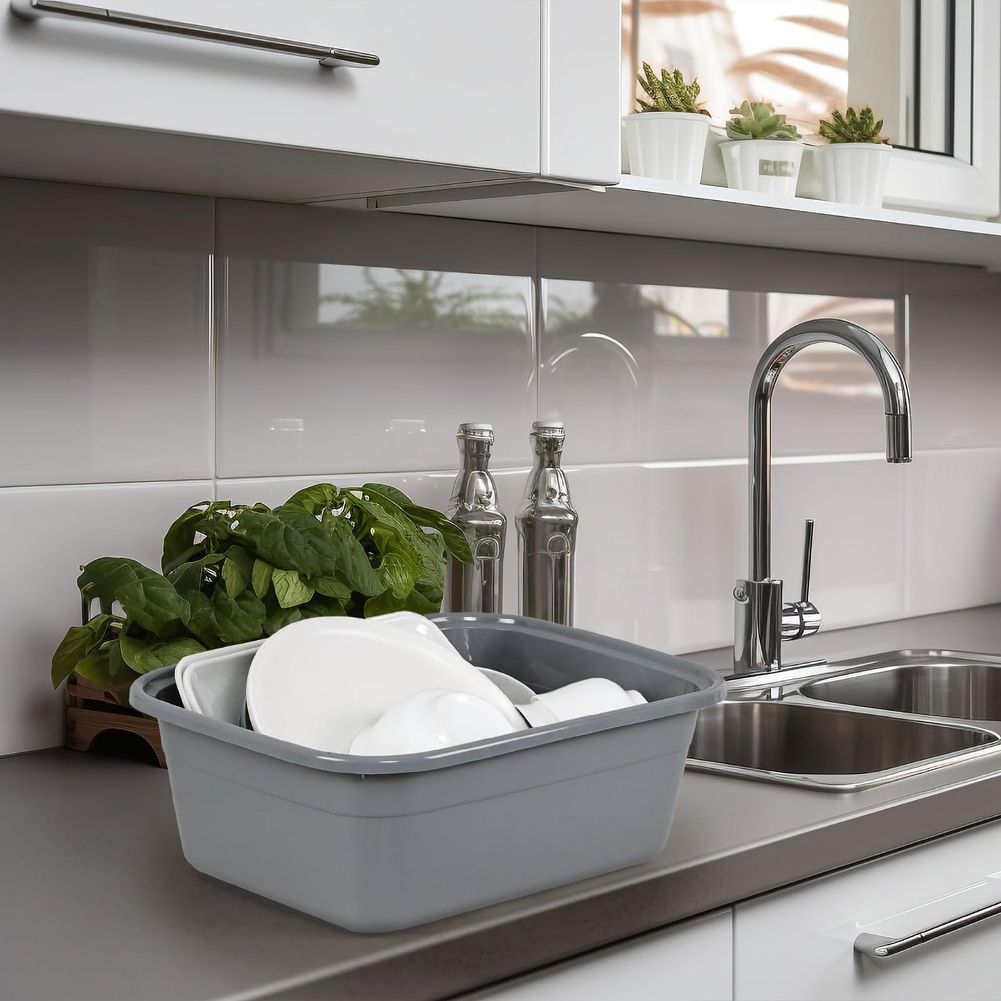 Ortodayes 4 Pack 12 Quart Rectangular Dish Pan, Kitchen Washing Up Bowls, Grey