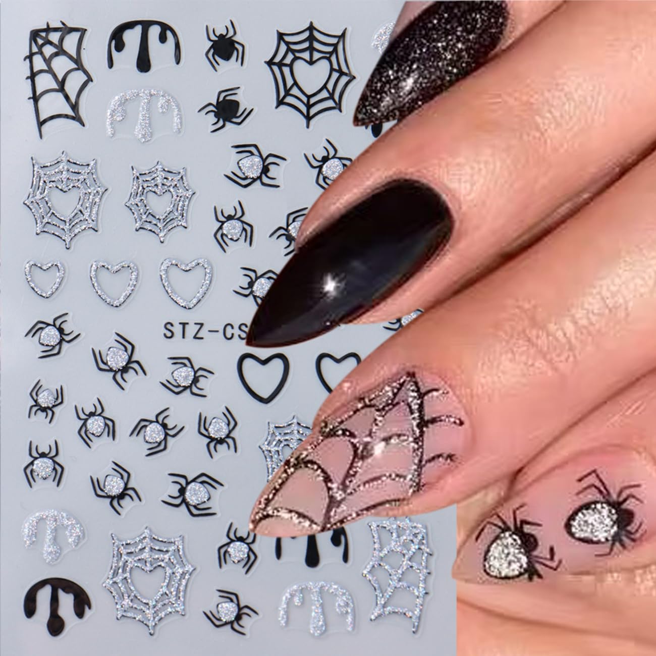 8Sheets Halloween 3D Glitter Spider Nail Art Stickers - Self-Adhesive Black Gold Silver Spider Web Decals - Luxury Gothic Design for Women DIY Nail Decoration
